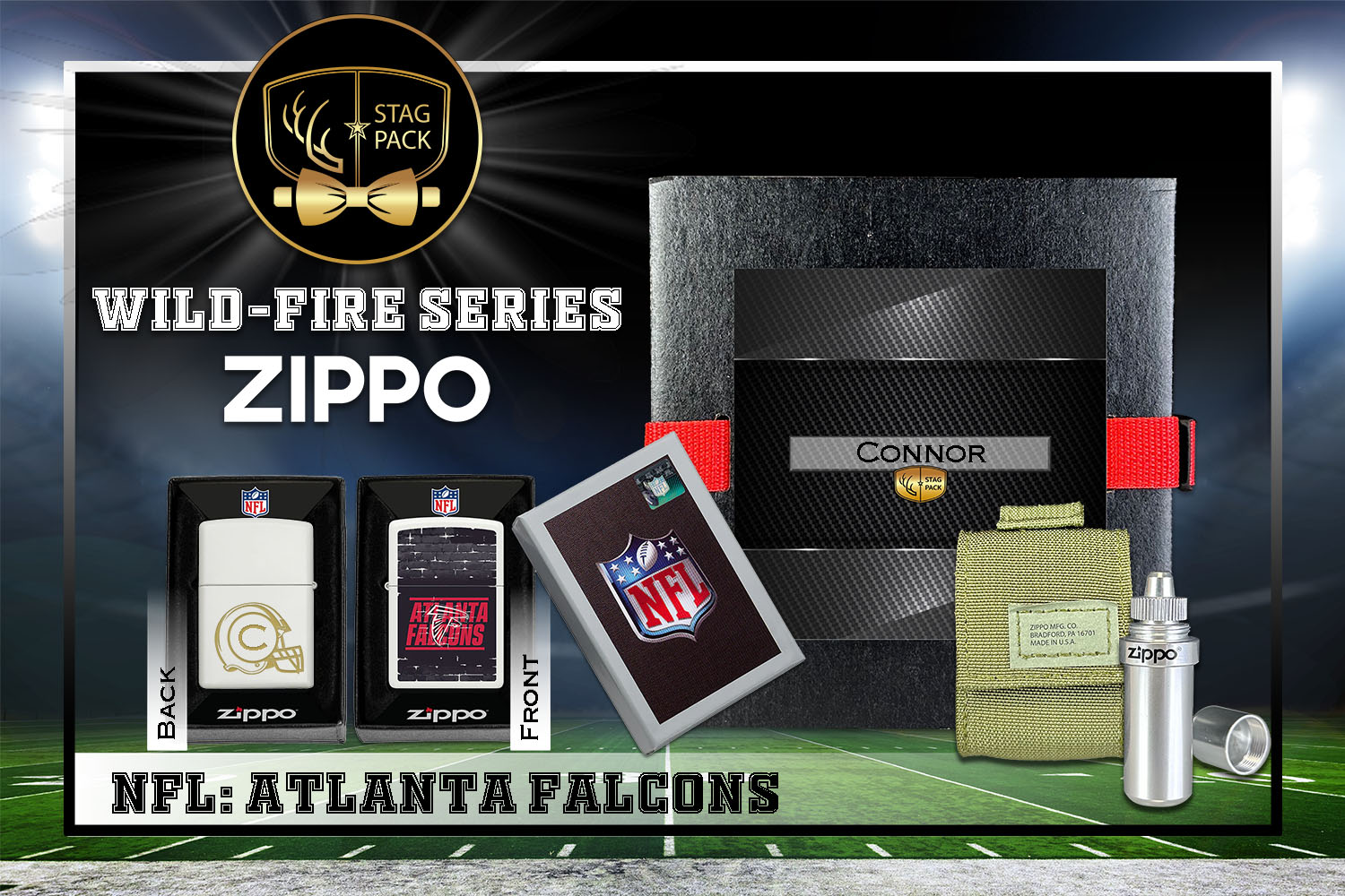 Custom Engraved Groomsmen Gift with NFL Windproof Zippo Lighter, a Fluid Canister and Pouch Gift-Pack in a Personalized Gift Box.