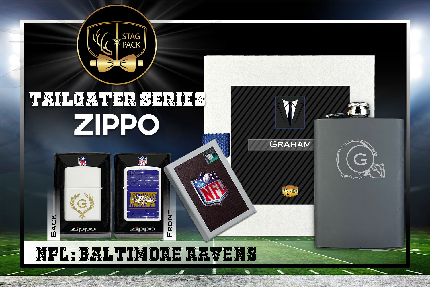Custom Engraved Groomsmen Gift with Flask & Zippo Windproof Lighter in a Personalized Gift Box.