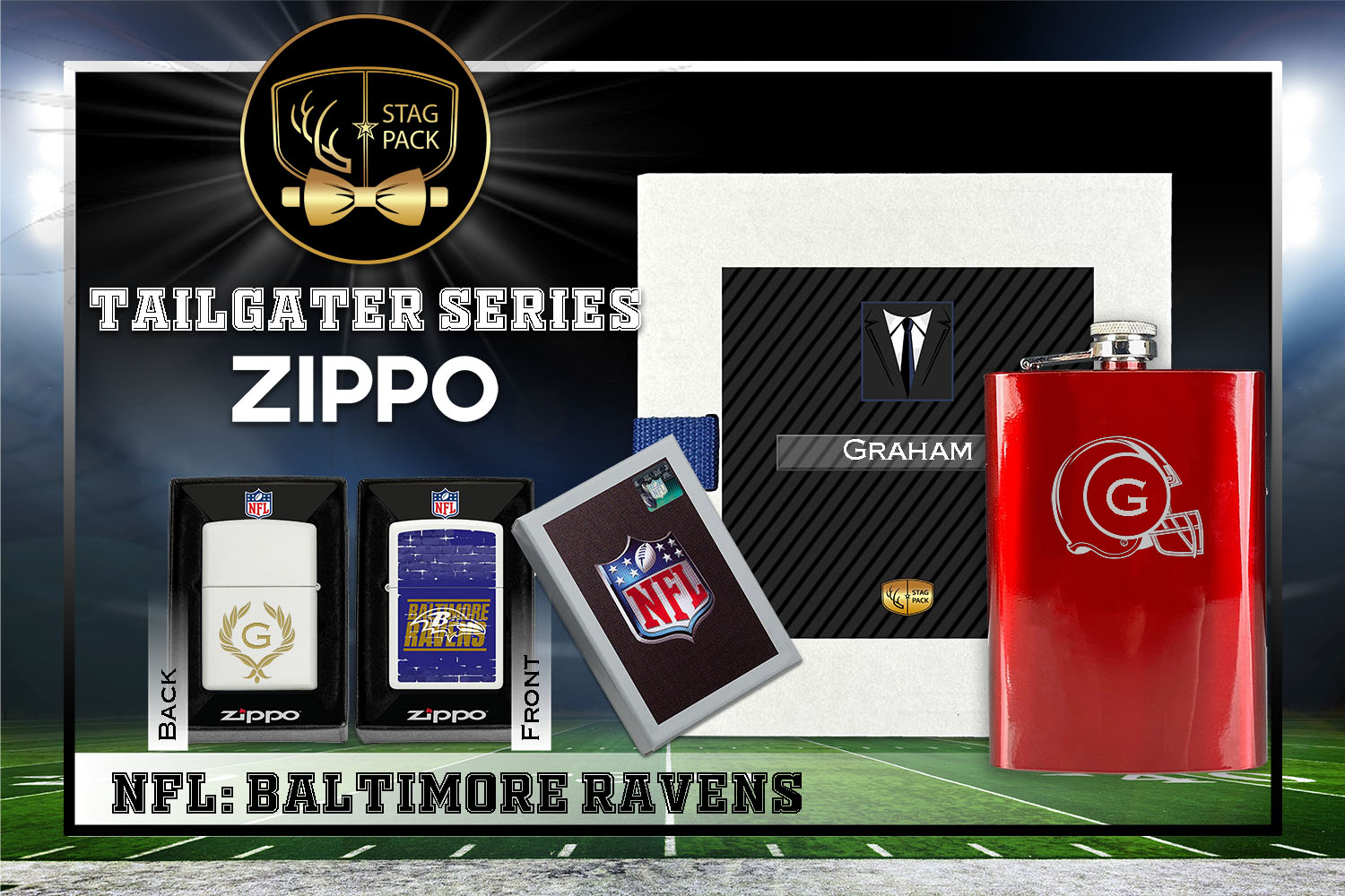 Custom Engraved Groomsmen Gift with Flask & Zippo Windproof Lighter in a Personalized Gift Box.