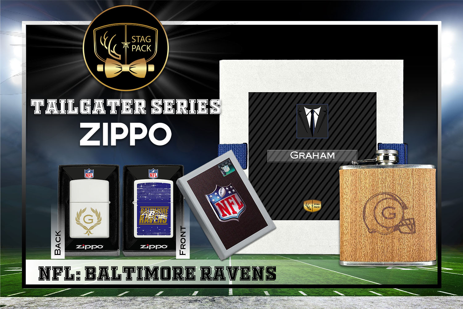 Custom Engraved Groomsmen Gift with Flask & Zippo Windproof Lighter in a Personalized Gift Box.