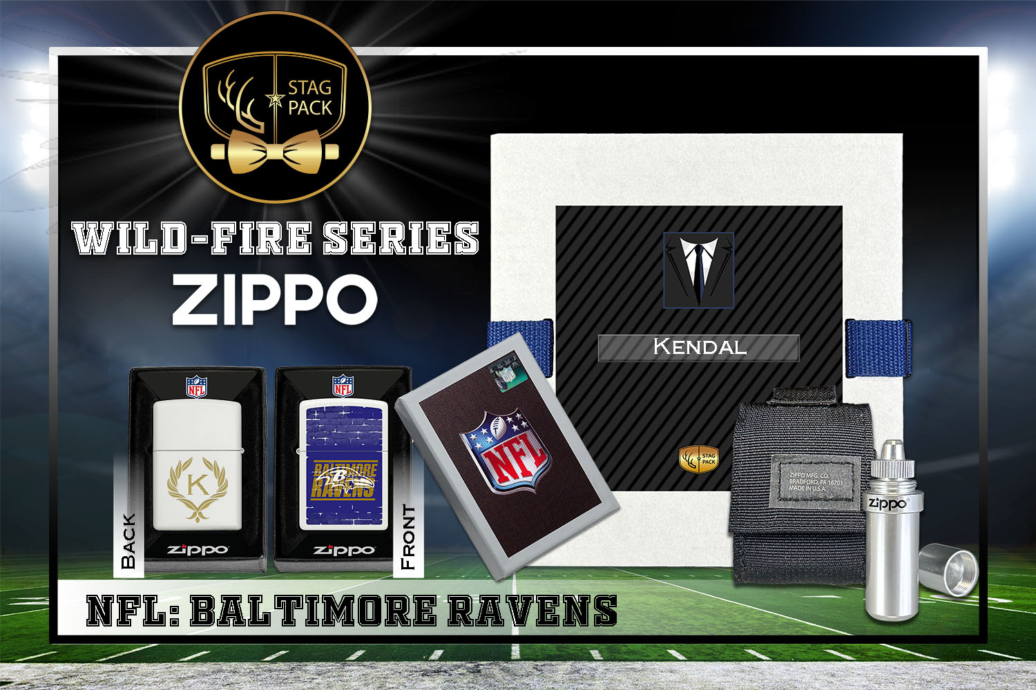 Custom Engraved Groomsmen Gift with NFL Windproof Zippo Lighter, a Fluid Canister and Pouch Gift-Pack in a Personalized Gift Box.