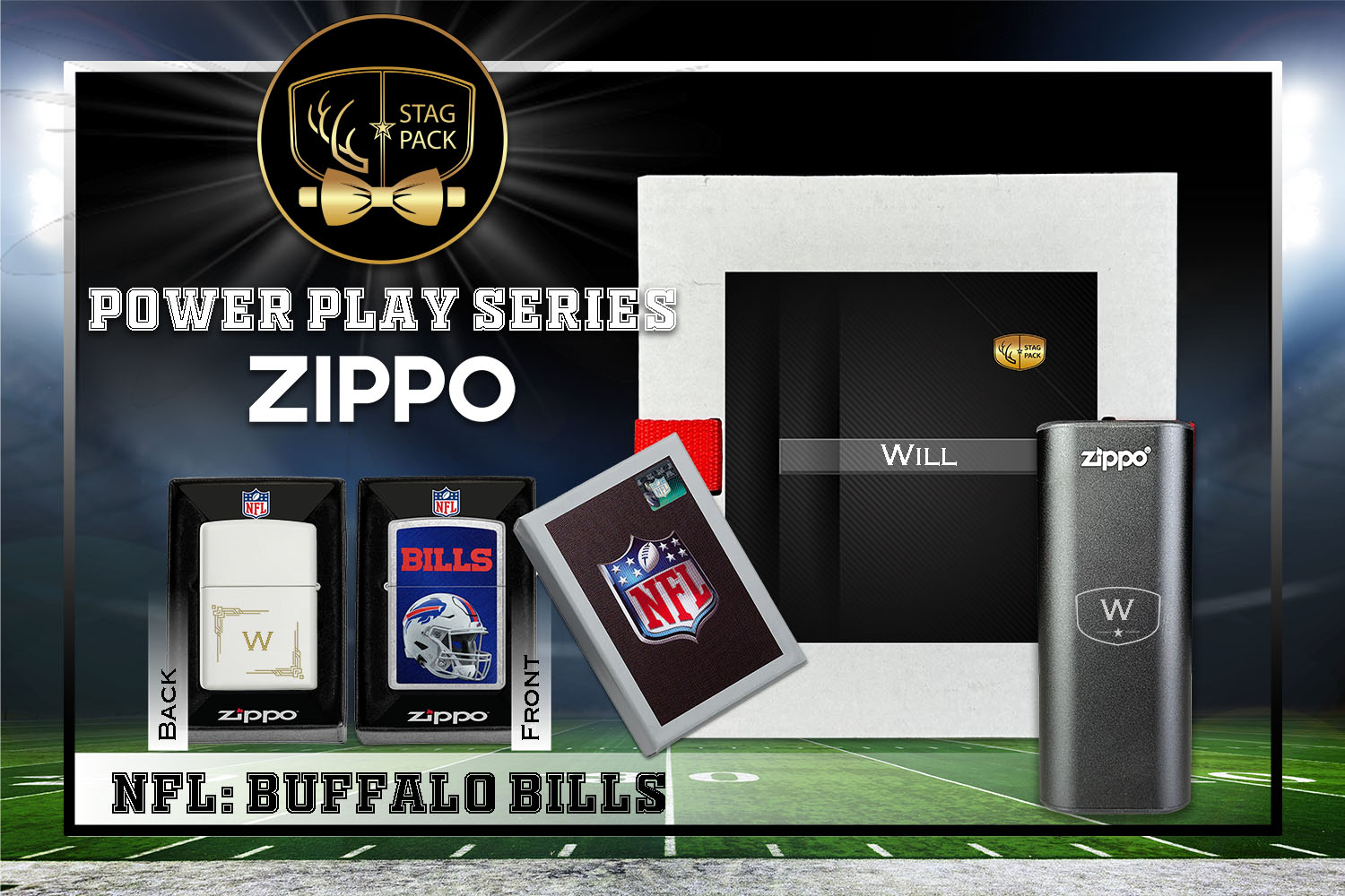 Custom Engraved Groomsmen Gift with NFL Zippo Windproof Lighter& Heatbank in a Personalized Gift Box.