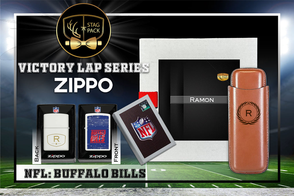 Custom Engraved Groomsmen Gift with Dual Sleeve Leather Cigar Case & Zippo Windproof Lighter in a Personalized Gift Box.
