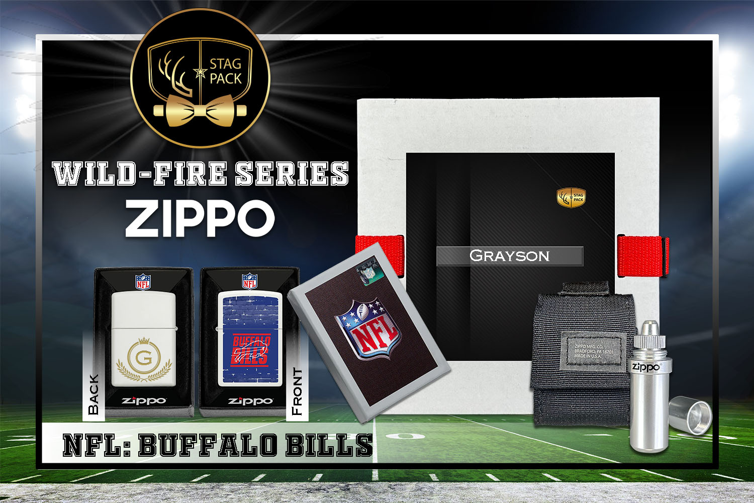 Custom Engraved Groomsmen Gift with NFL Windproof Zippo Lighter, a Fluid Canister and Pouch Gift-Pack in a Personalized Gift Box.