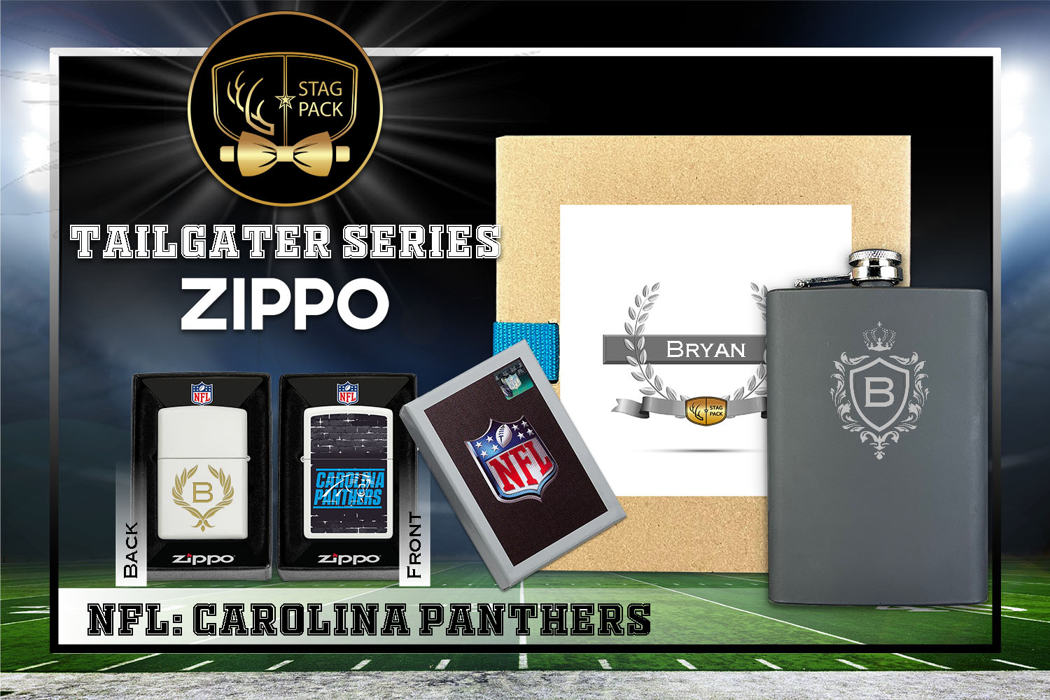 Custom Engraved Groomsmen Gift with Flask & Zippo Windproof Lighter in a Personalized Gift Box.