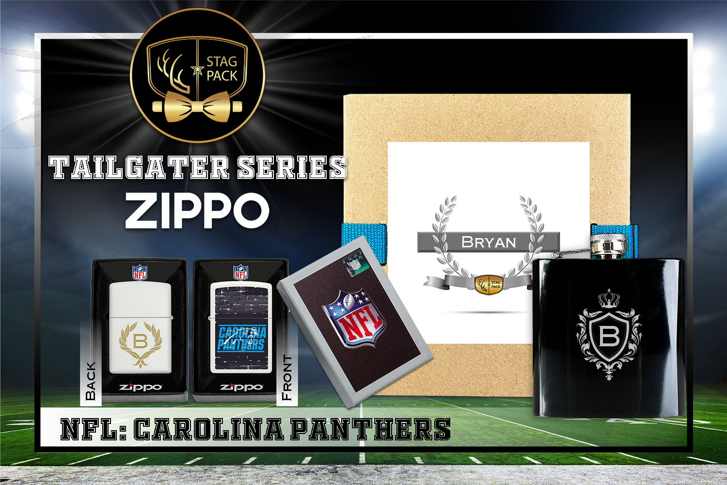 Custom Engraved Groomsmen Gift with Flask & Zippo Windproof Lighter in a Personalized Gift Box.