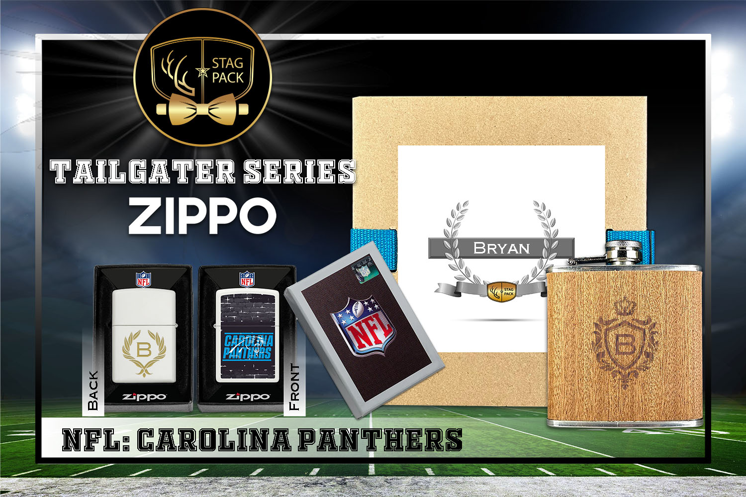 Custom Engraved Groomsmen Gift with Flask & Zippo Windproof Lighter in a Personalized Gift Box.