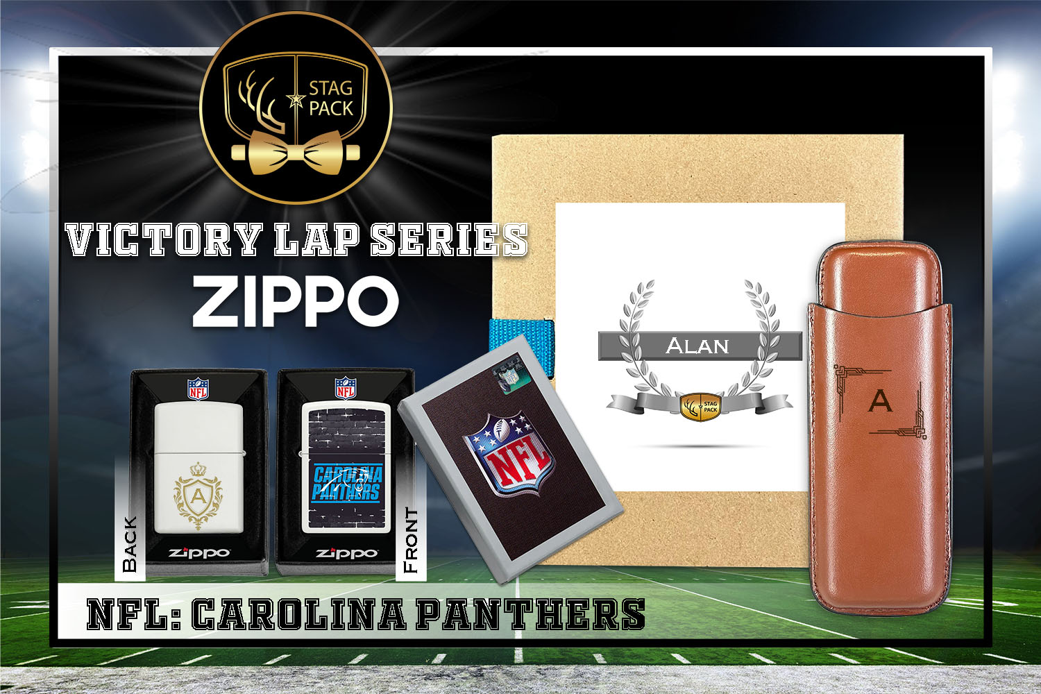 Custom Engraved Groomsmen Gift with Dual Sleeve Leather Cigar Case & Zippo Windproof Lighter in a Personalized Gift Box.