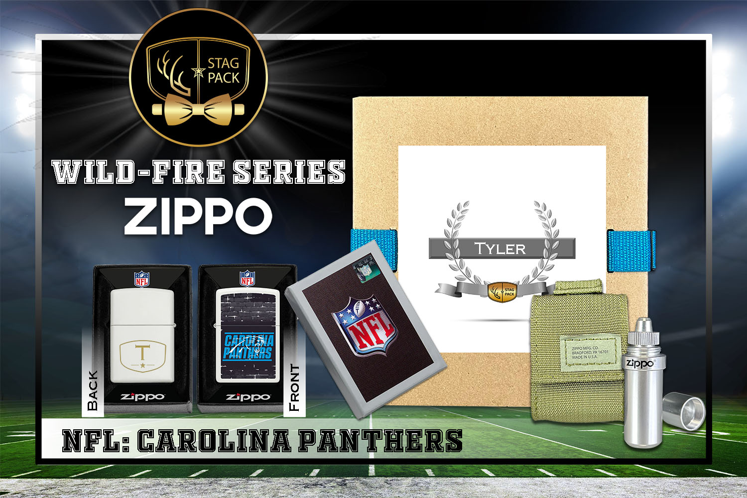 Custom Engraved Groomsmen Gift with NFL Windproof Zippo Lighter, a Fluid Canister and Pouch Gift-Pack in a Personalized Gift Box.