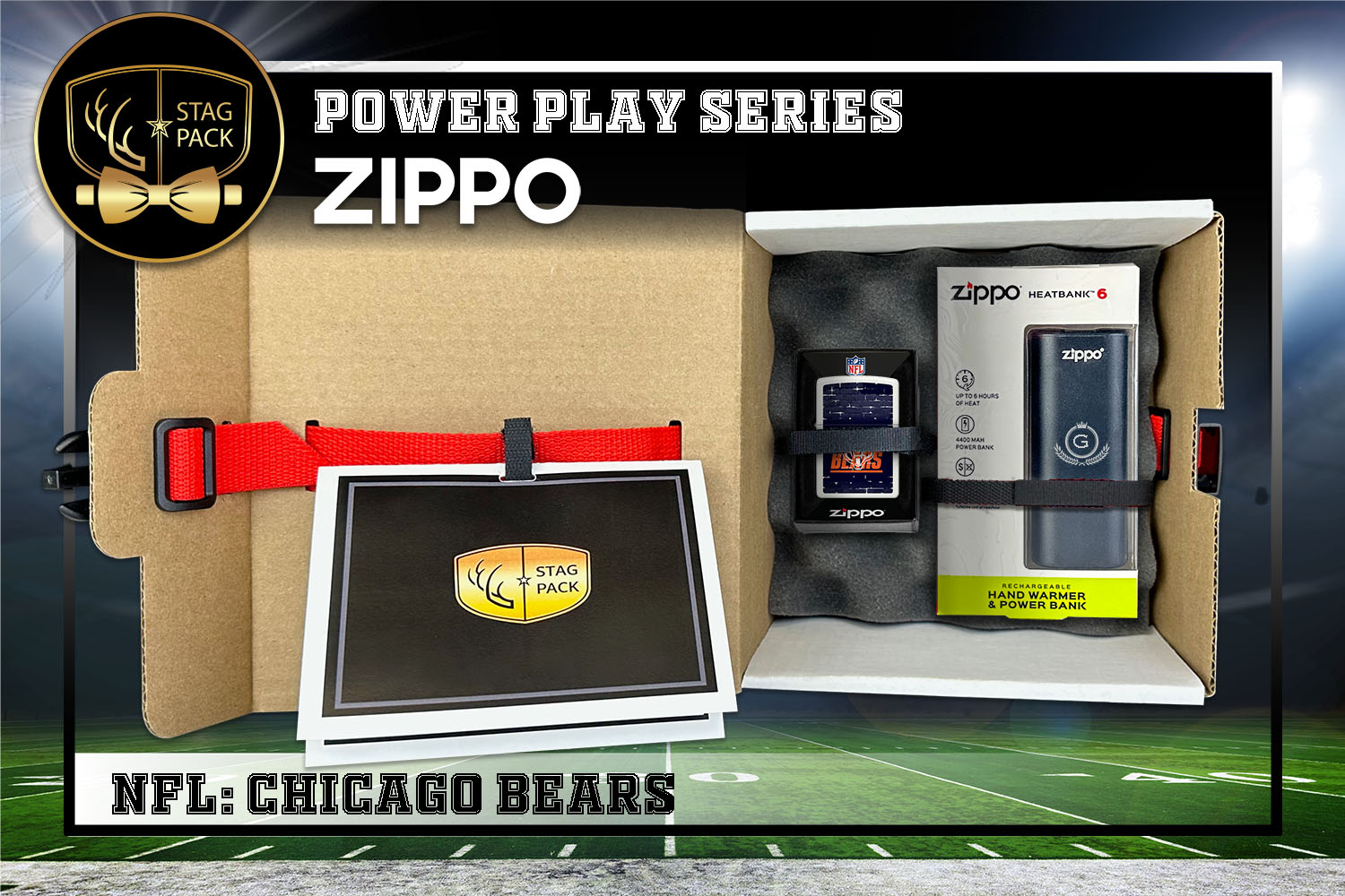 Custom Engraved Groomsmen Gift with NFL Zippo Windproof lighter & Heatbank in a Personalized Gift Box with a Message Card.