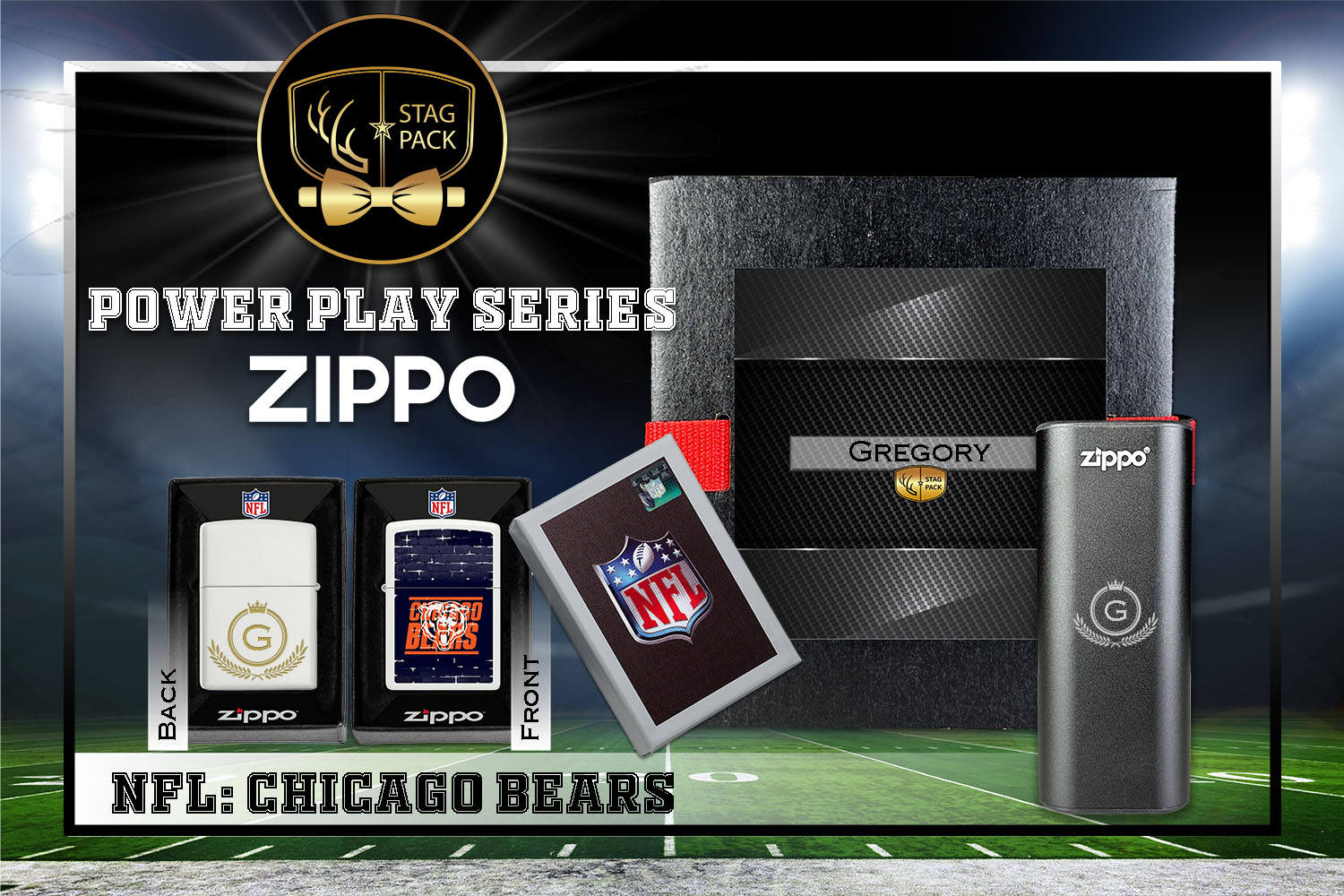 Custom Engraved Groomsmen Gift with NFL Zippo Windproof Lighter& Heatbank in a Personalized Gift Box.