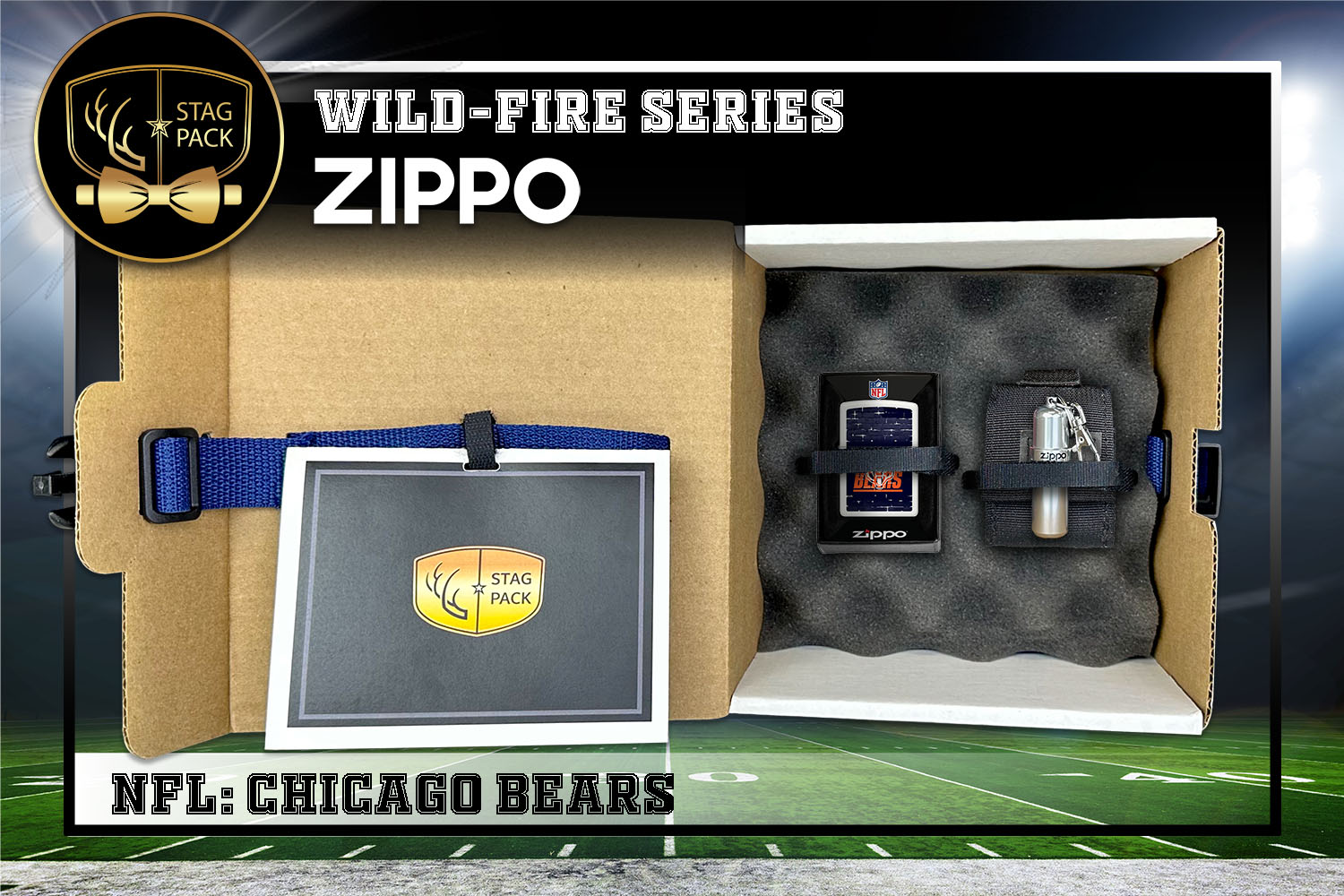 Custom Engraved Groomsmen Gift with NFL Windproof Zippo Lighter, a Fluid Canister and Pouch packaged in a Personalized Gift Box with a Message Card.