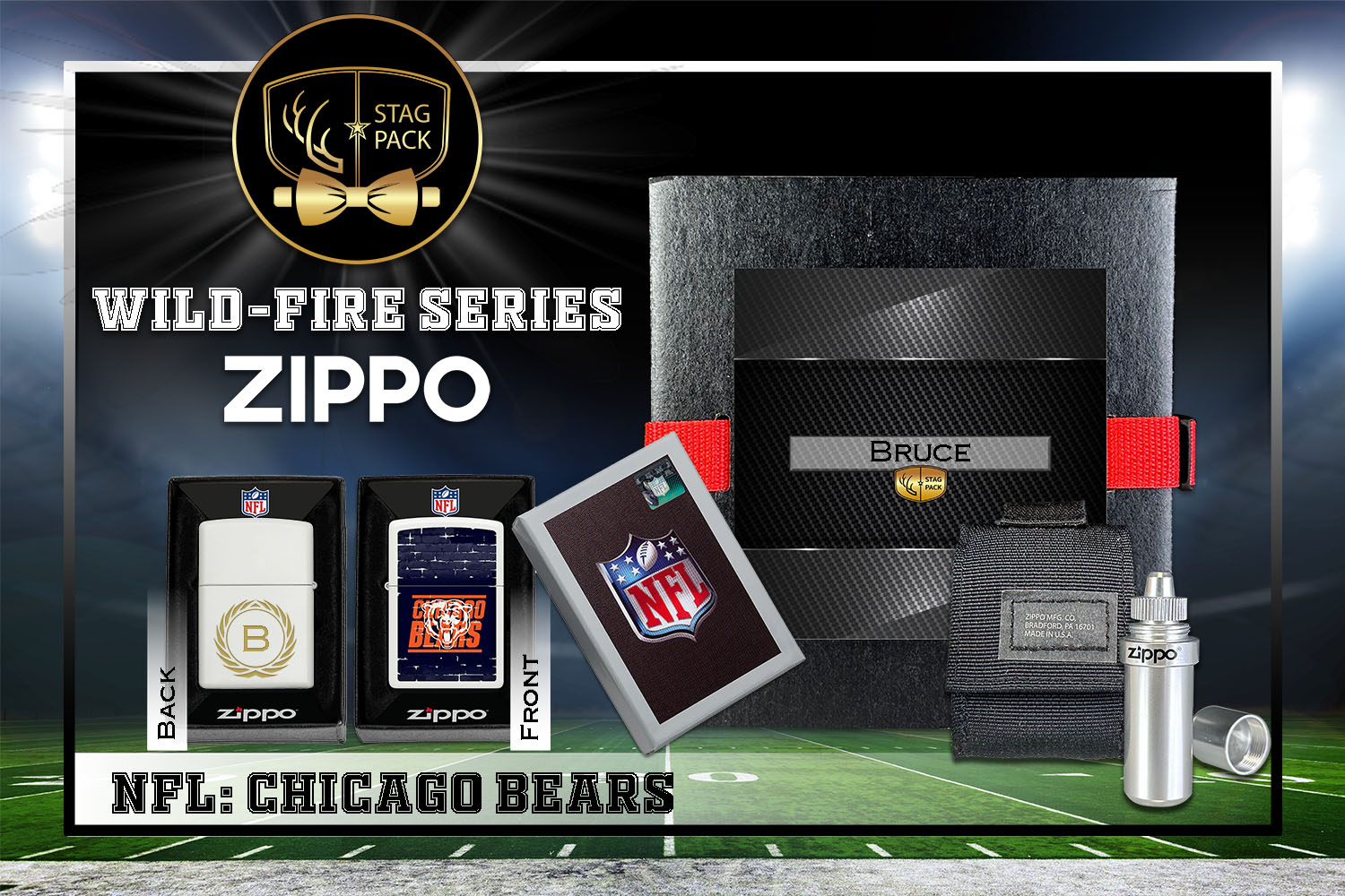 Custom Engraved Groomsmen Gift with NFL Windproof Zippo Lighter, a Fluid Canister and Pouch Gift-Pack in a Personalized Gift Box.