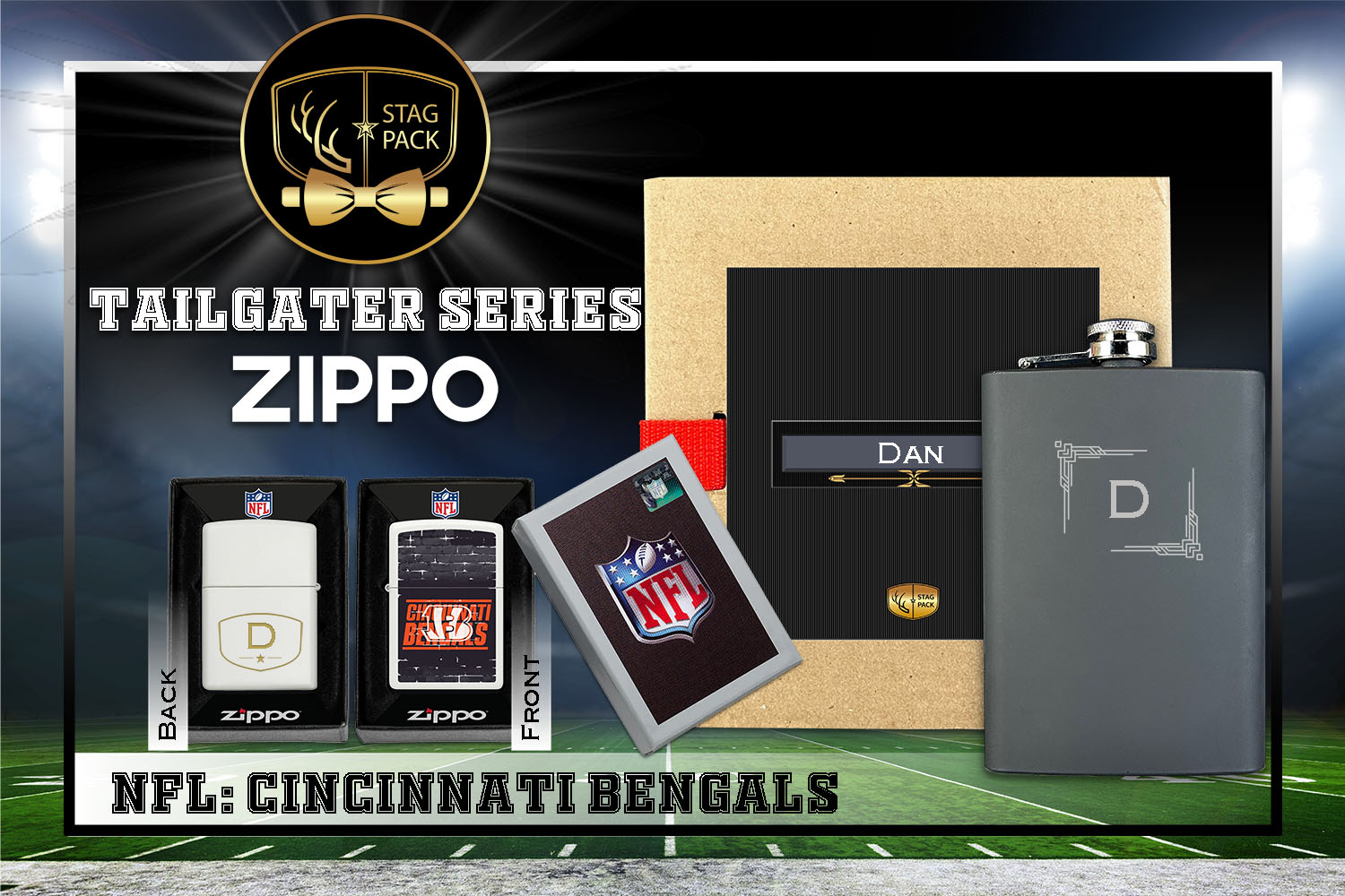 Custom Engraved Groomsmen Gift with Flask & Zippo Windproof Lighter in a Personalized Gift Box.