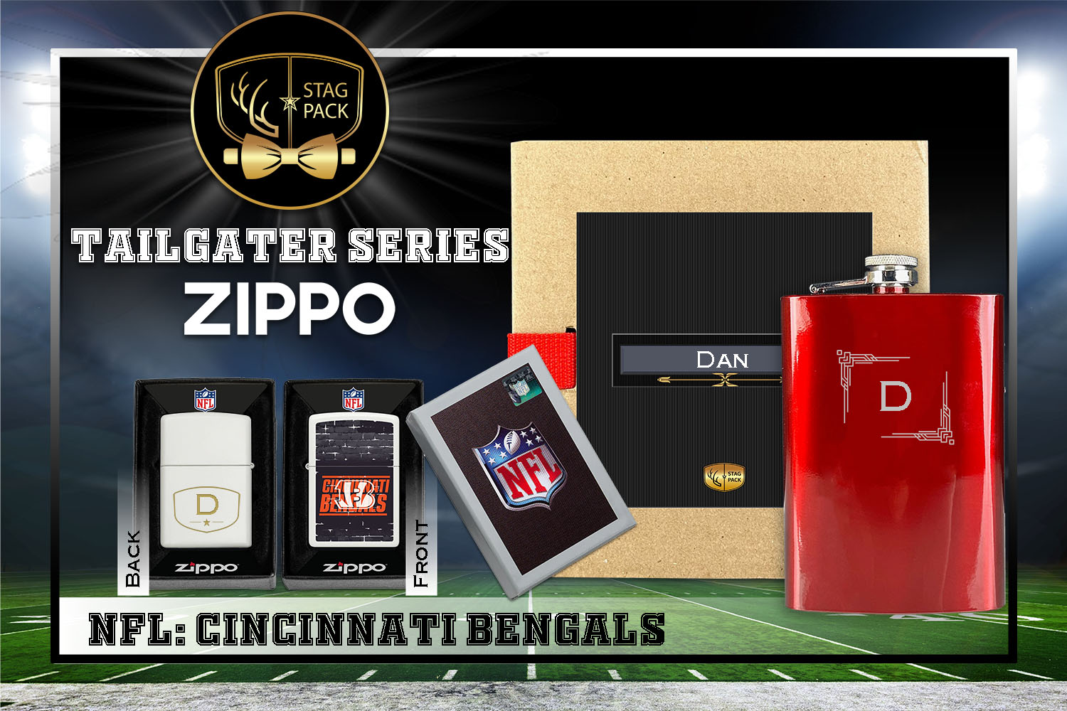 Custom Engraved Groomsmen Gift with Flask & Zippo Windproof Lighter in a Personalized Gift Box.