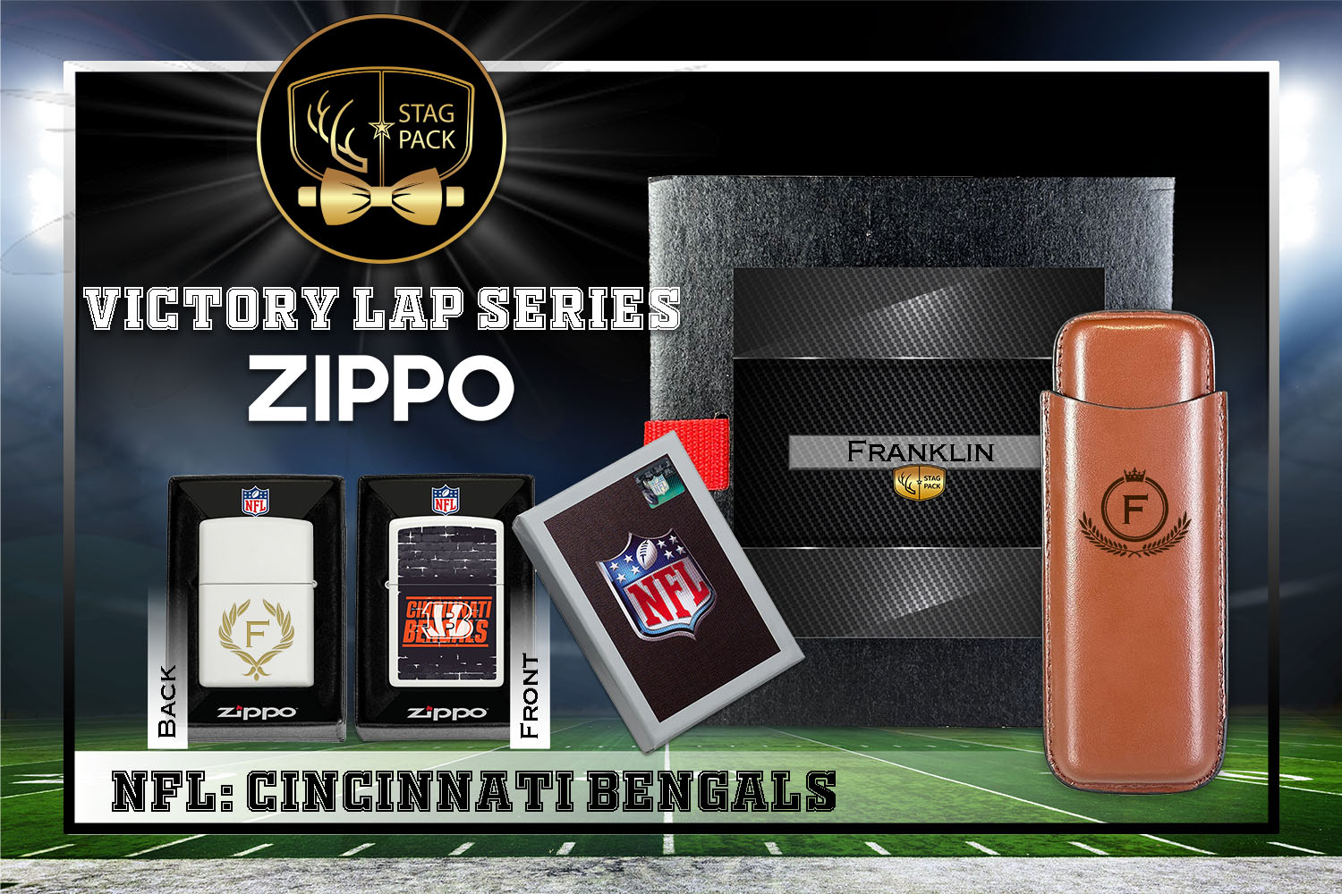 Custom Engraved Groomsmen Gift with Dual Sleeve Leather Cigar Case & Zippo Windproof Lighter in a Personalized Gift Box.