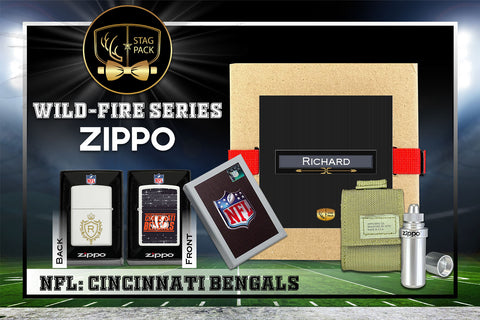 Custom Engraved Groomsmen Gift with NFL Windproof Zippo Lighter, a Fluid Canister and Pouch Gift-Pack in a Personalized Gift Box.