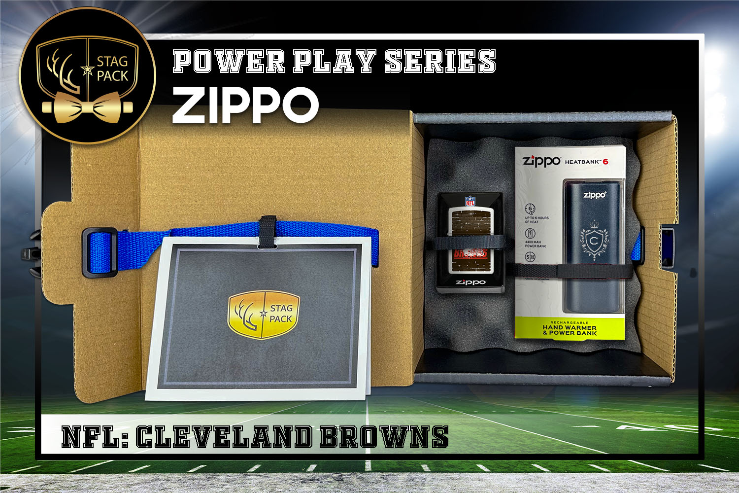 Custom Engraved Groomsmen Gift with NFL Zippo Windproof lighter & Heatbank in a Personalized Gift Box with a Message Card.