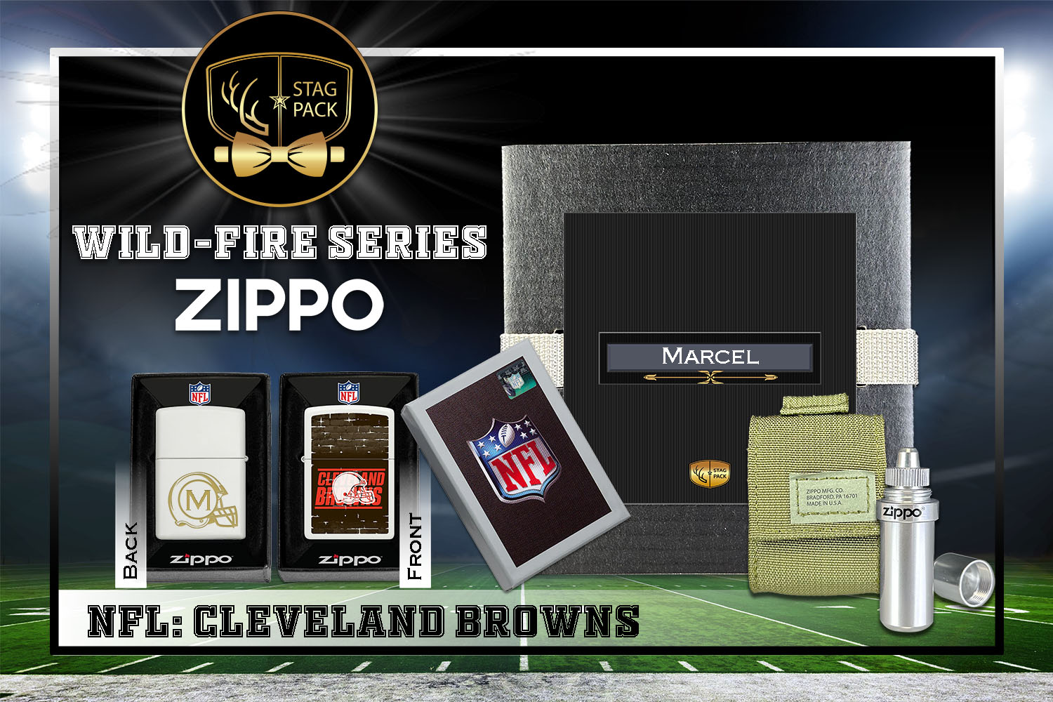 Custom Engraved Groomsmen Gift with NFL Windproof Zippo Lighter, a Fluid Canister and Pouch Gift-Pack in a Personalized Gift Box.