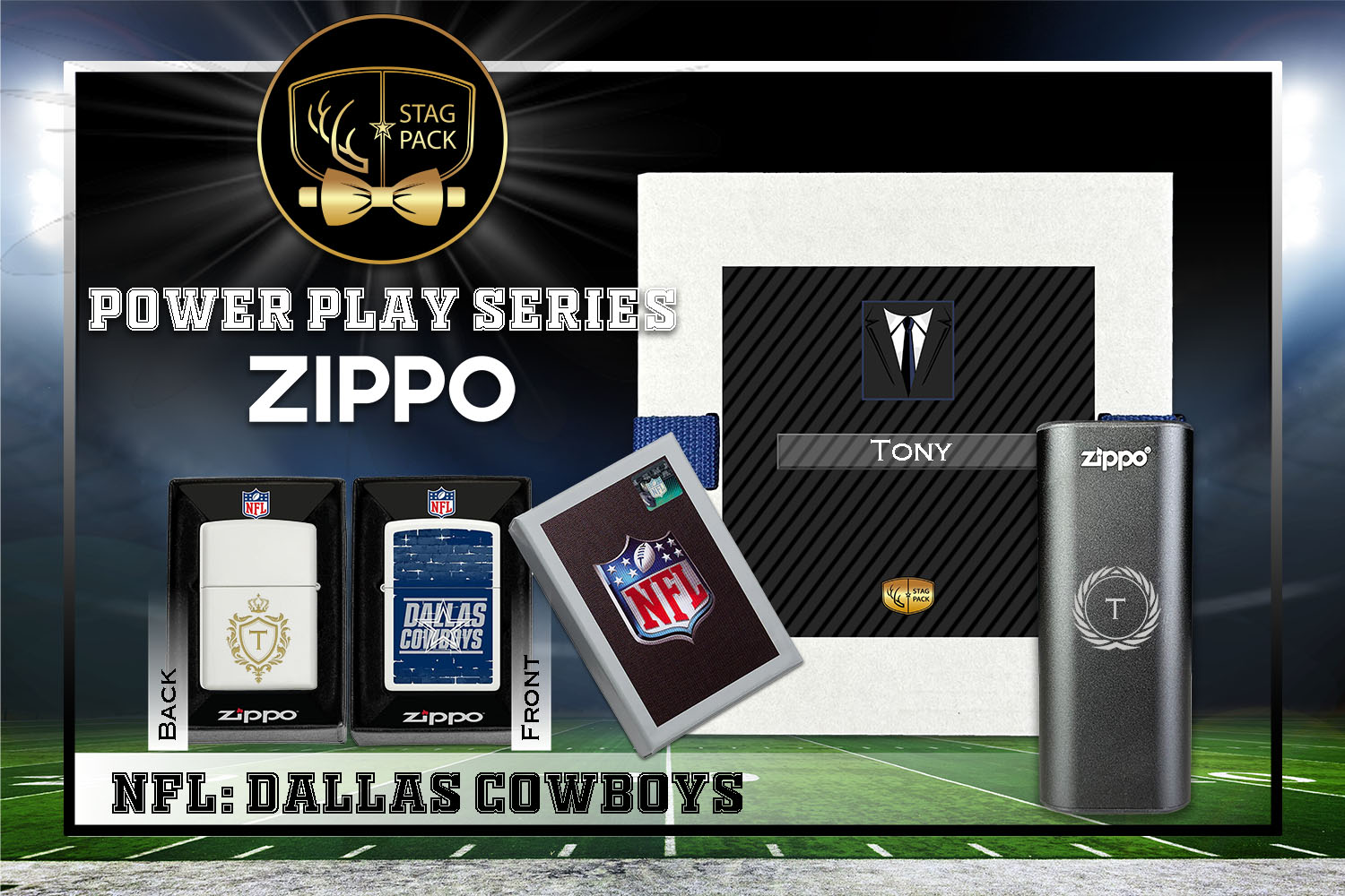 Custom Engraved Groomsmen Gift with NFL Zippo Windproof Lighter& Heatbank in a Personalized Gift Box.