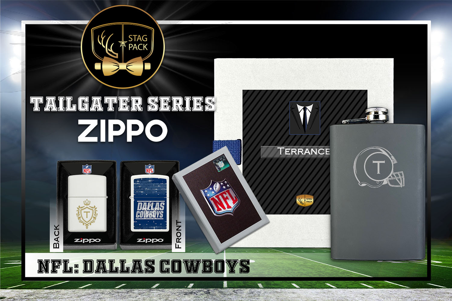 Custom Engraved Groomsmen Gift with Flask & Zippo Windproof Lighter in a Personalized Gift Box.