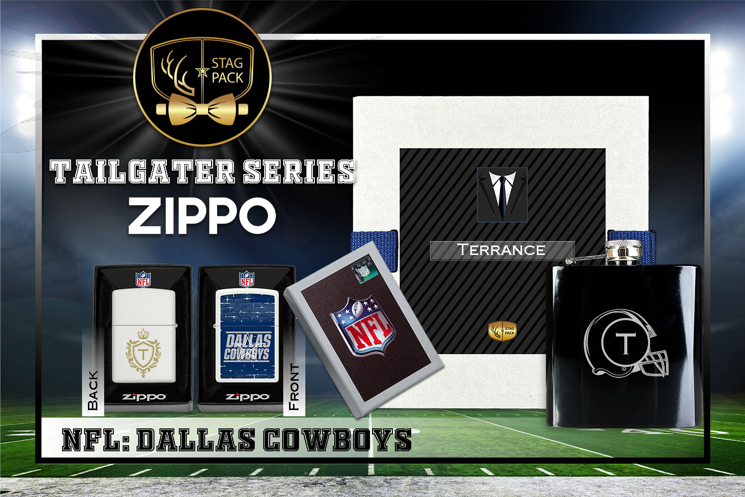 Custom Engraved Groomsmen Gift with Flask & Zippo Windproof Lighter in a Personalized Gift Box.