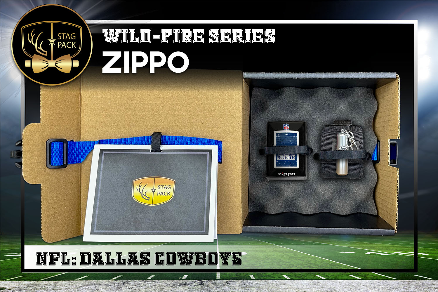 Custom Engraved Groomsmen Gift with NFL Windproof Zippo Lighter, a Fluid Canister and Pouch packaged in a Personalized Gift Box with a Message Card.