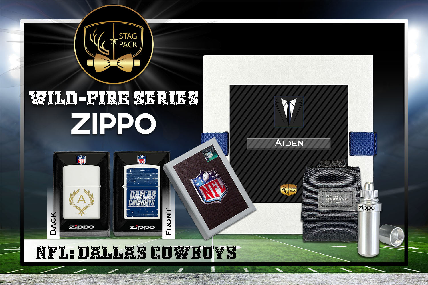 Custom Engraved Groomsmen Gift with NFL Windproof Zippo Lighter, a Fluid Canister and Pouch Gift-Pack in a Personalized Gift Box.