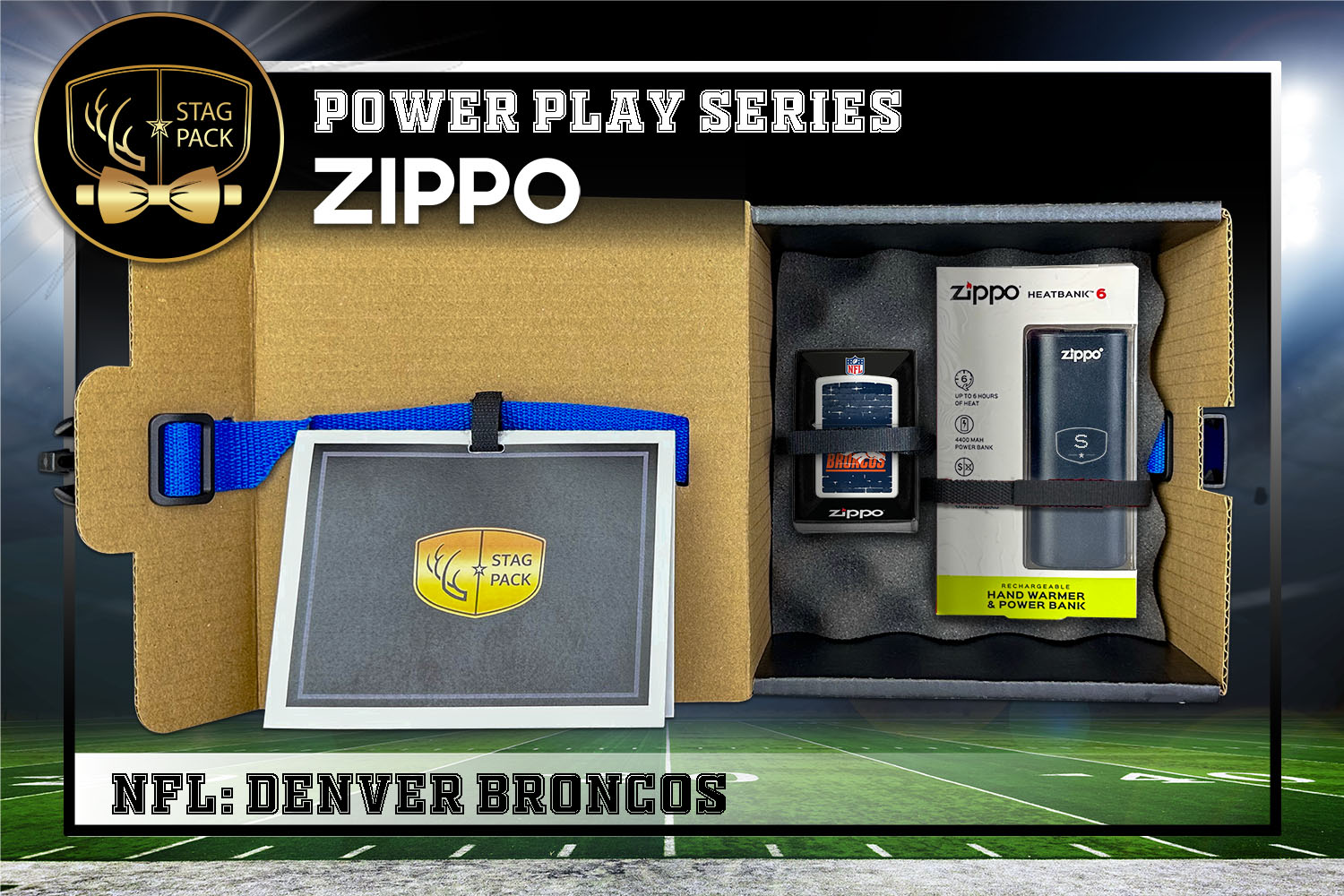 Custom Engraved Groomsmen Gift with NFL Zippo Windproof lighter & Heatbank in a Personalized Gift Box with a Message Card.