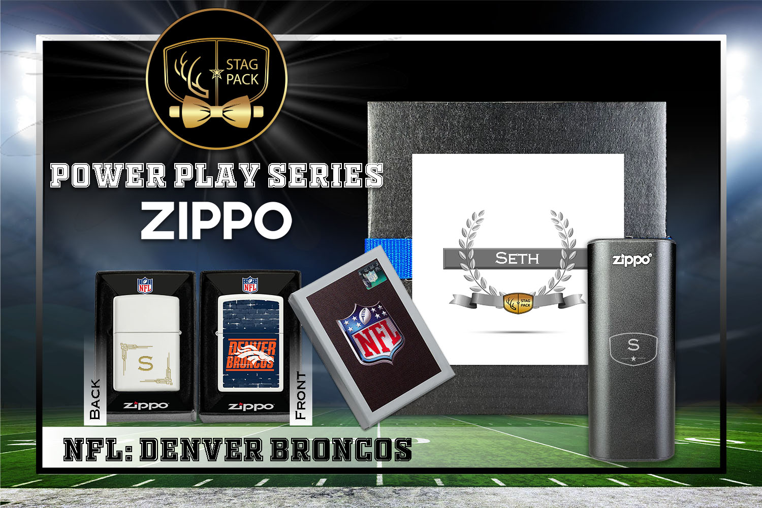 Custom Engraved Groomsmen Gift with NFL Zippo Windproof Lighter& Heatbank in a Personalized Gift Box.
