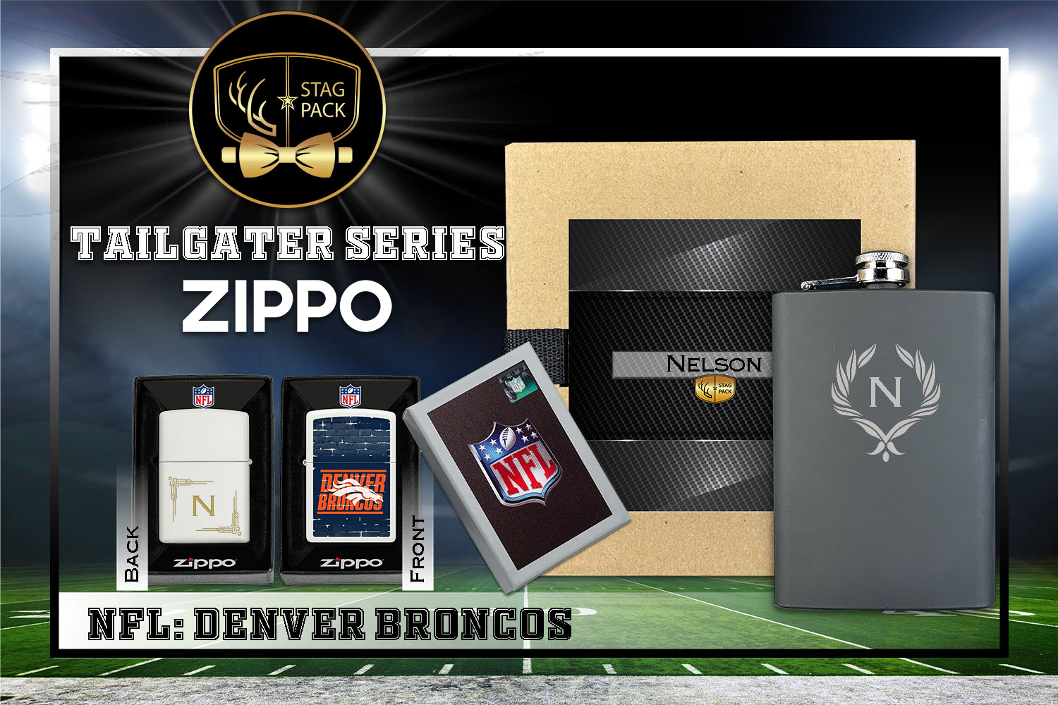 Custom Engraved Groomsmen Gift with Flask & Zippo Windproof Lighter in a Personalized Gift Box.