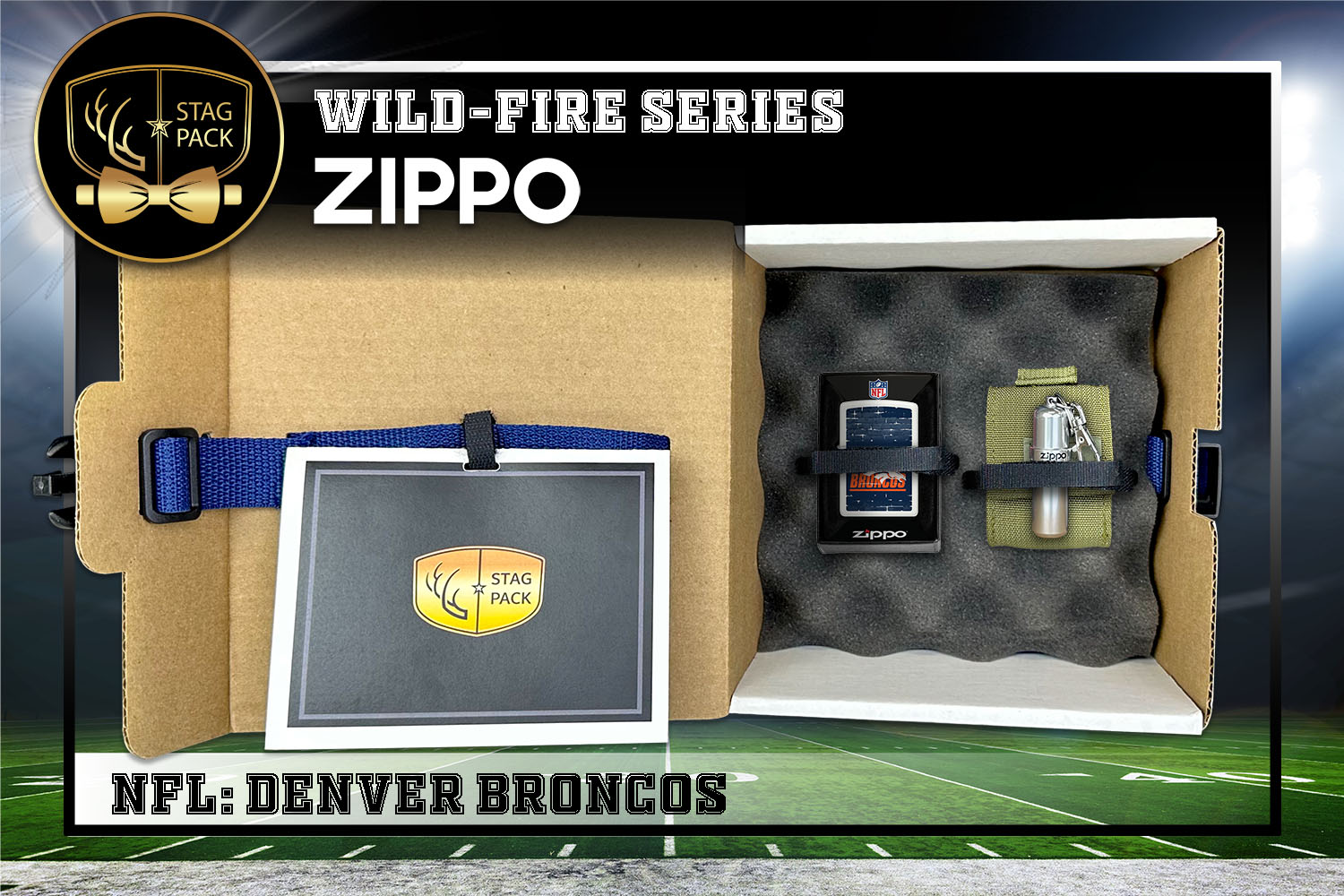 Custom Engraved Groomsmen Gift with NFL Windproof Zippo Lighter, a Fluid Canister and Pouch packaged in a Personalized Gift Box with a Message Card.