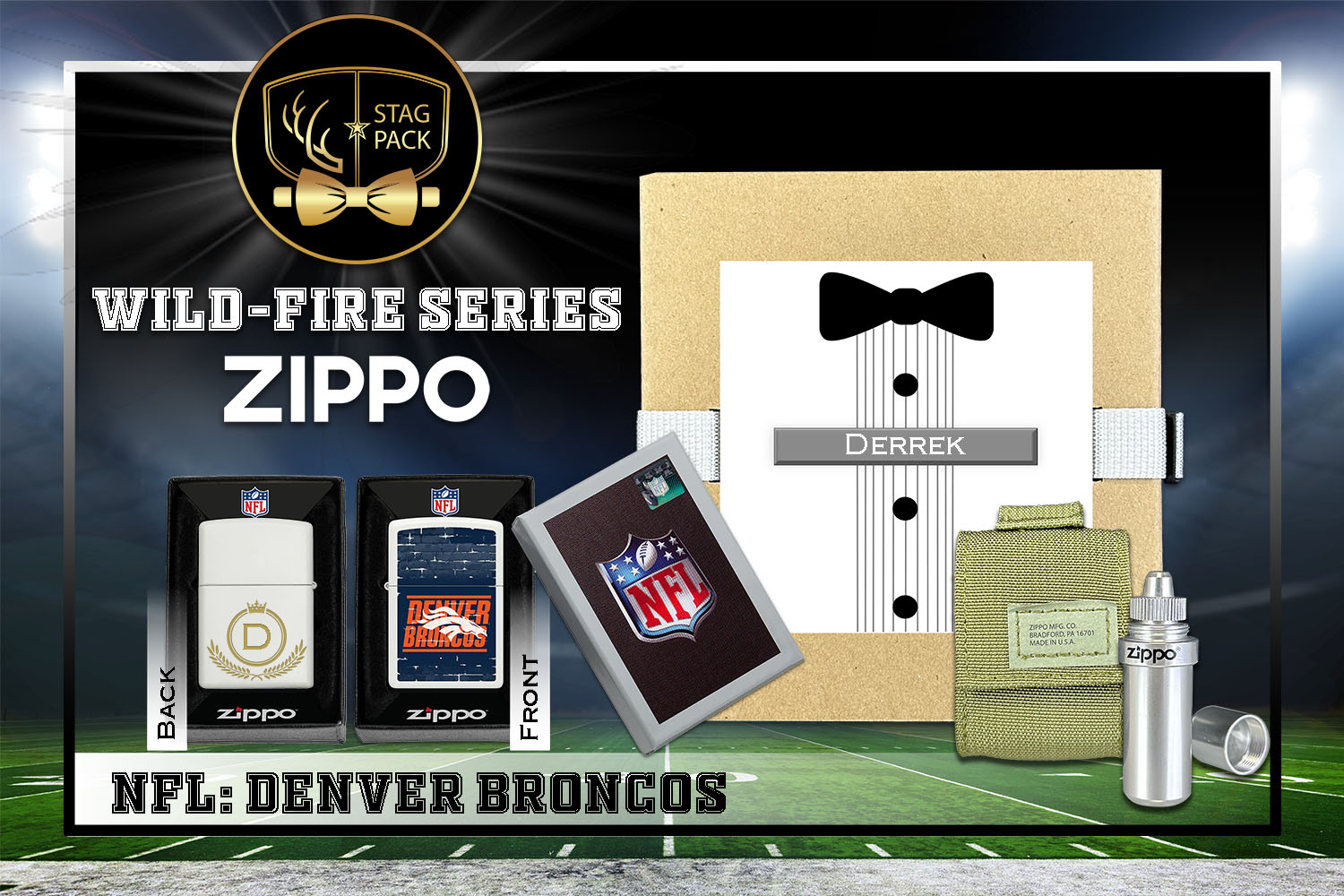 Custom Engraved Groomsmen Gift with NFL Windproof Zippo Lighter, a Fluid Canister and Pouch Gift-Pack in a Personalized Gift Box.