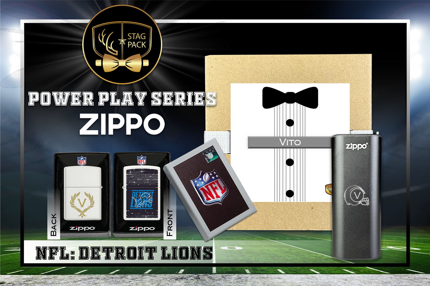 Custom Engraved Groomsmen Gift with NFL Zippo Windproof Lighter& Heatbank in a Personalized Gift Box.