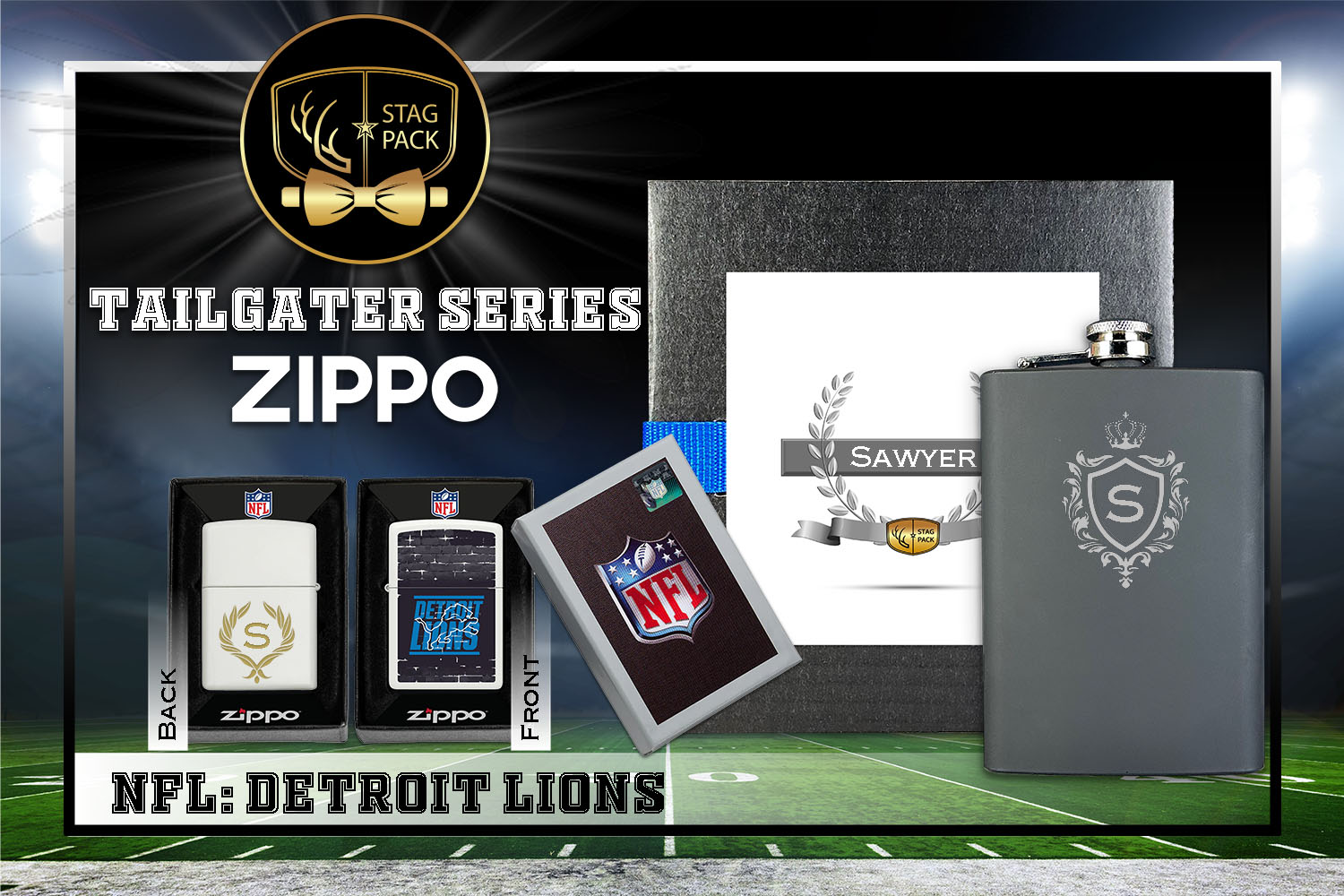 Custom Engraved Groomsmen Gift with Flask & Zippo Windproof Lighter in a Personalized Gift Box.