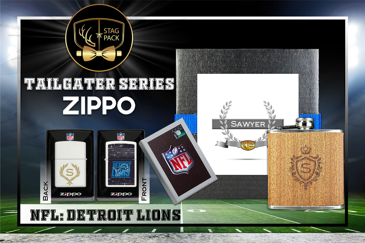 Custom Engraved Groomsmen Gift with Flask & Zippo Windproof Lighter in a Personalized Gift Box.