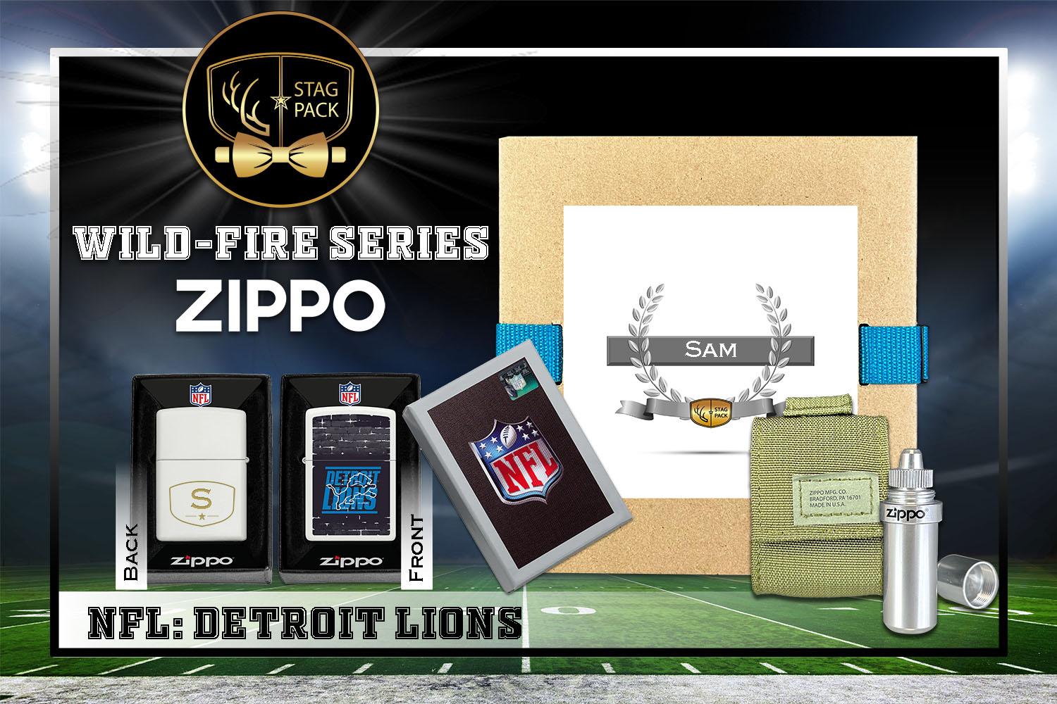 Custom Engraved Groomsmen Gift with NFL Windproof Zippo Lighter, a Fluid Canister and Pouch Gift-Pack in a Personalized Gift Box.