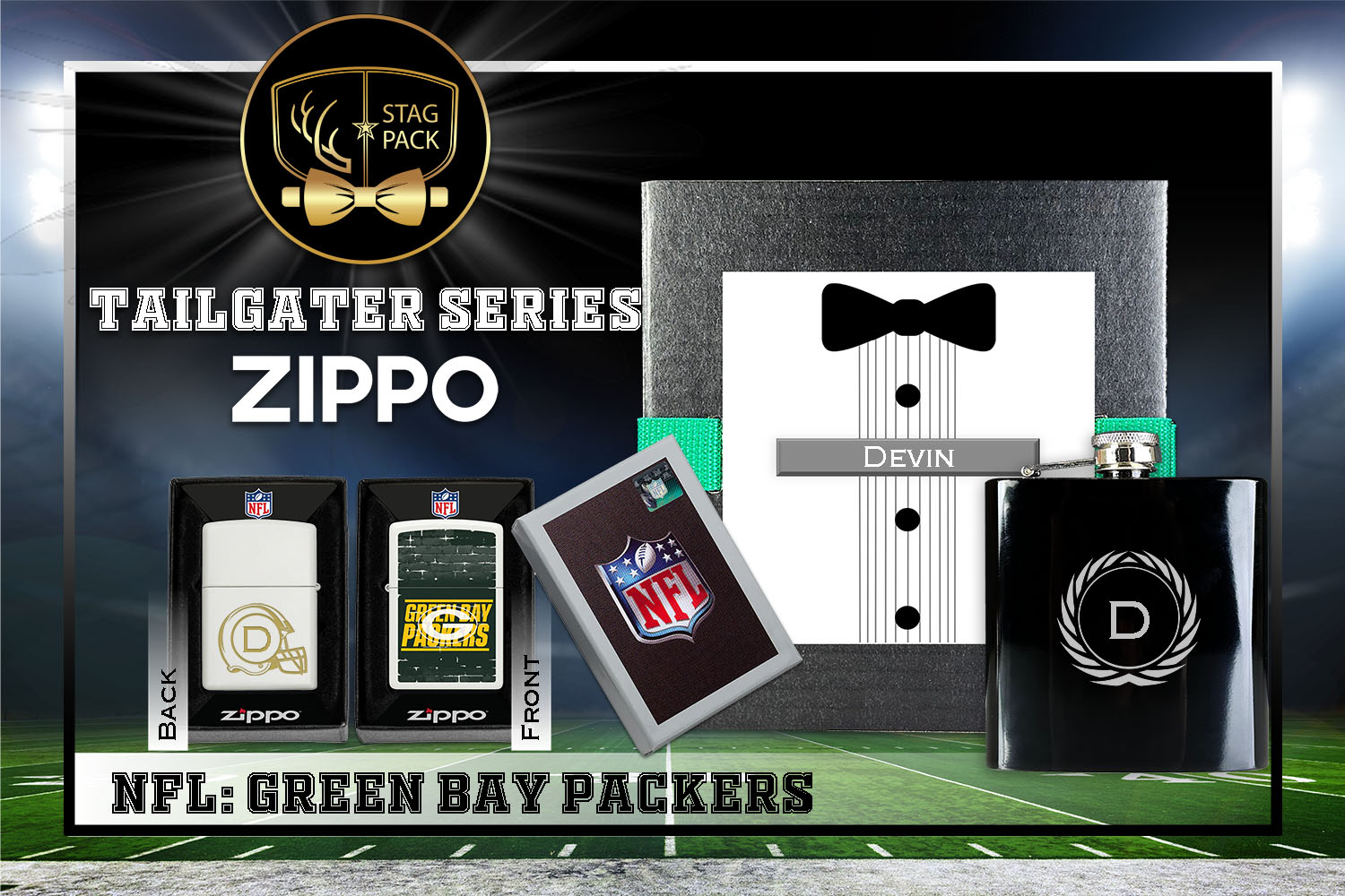 Custom Engraved Groomsmen Gift with Flask & Zippo Windproof Lighter in a Personalized Gift Box.