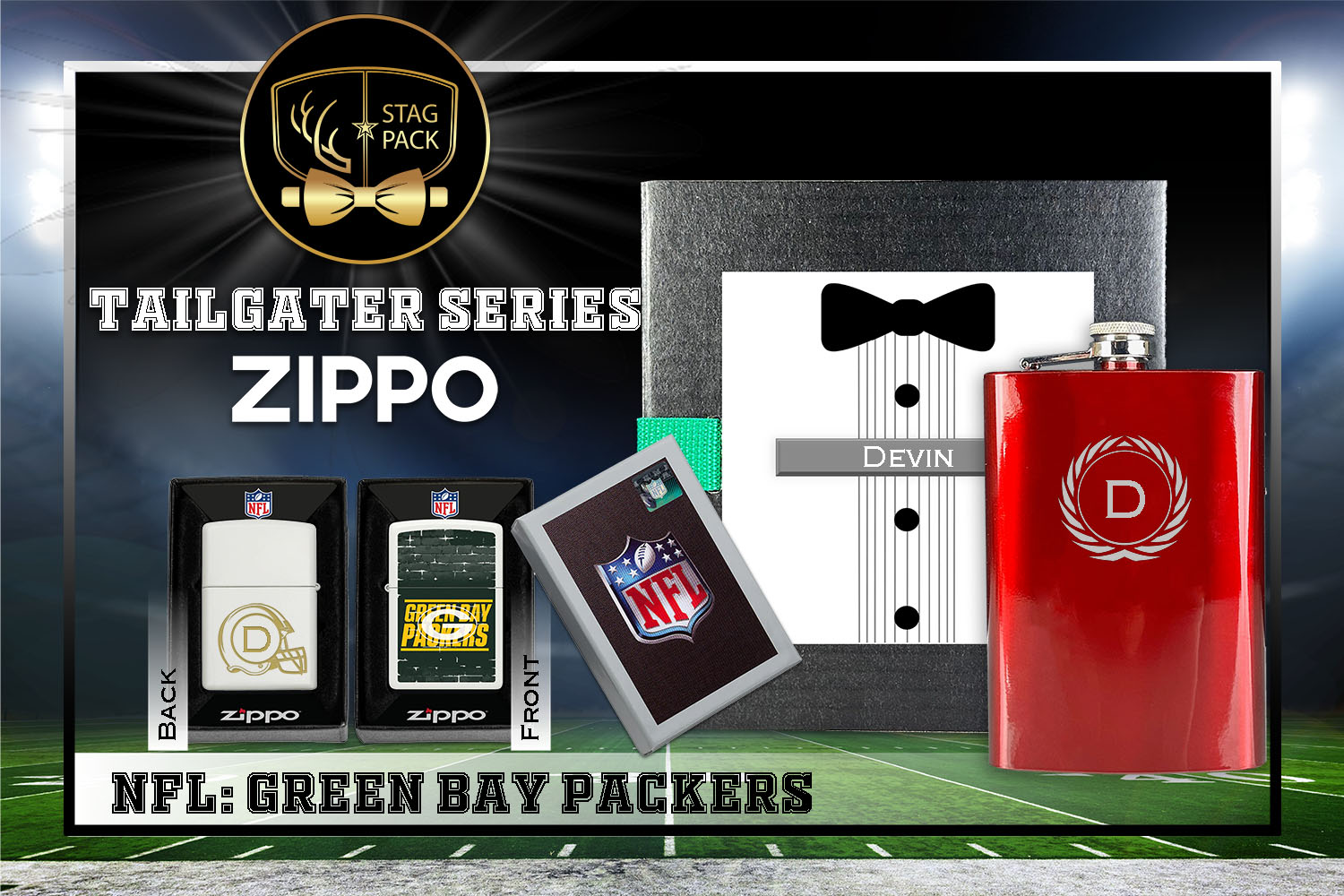Custom Engraved Groomsmen Gift with Flask & Zippo Windproof Lighter in a Personalized Gift Box.