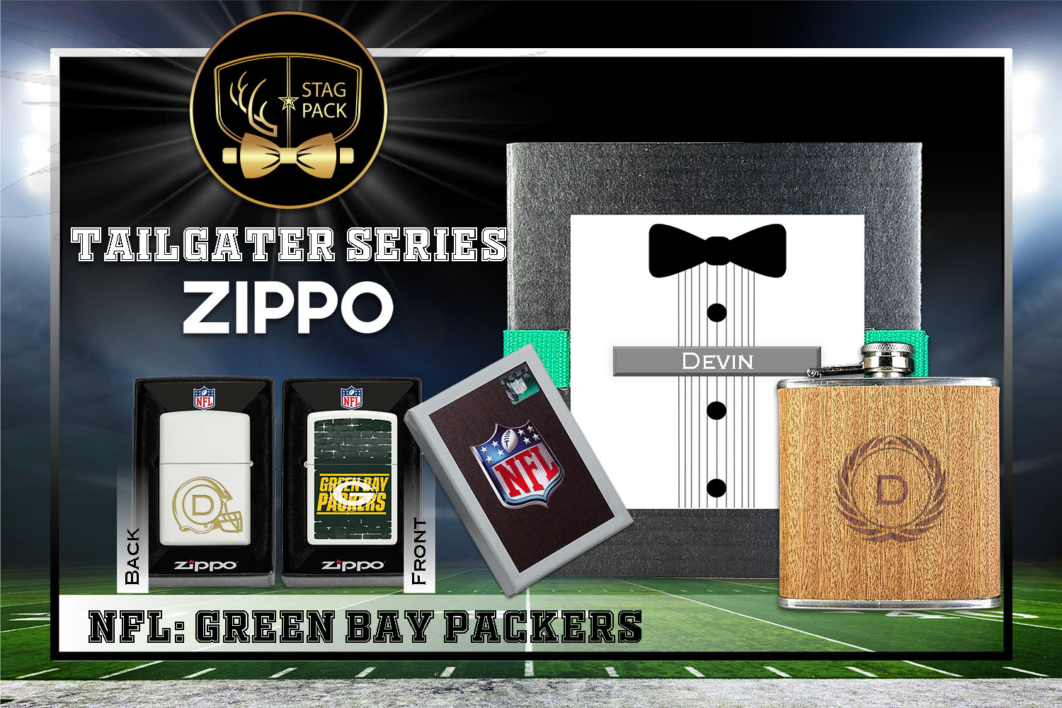 Custom Engraved Groomsmen Gift with Flask & Zippo Windproof Lighter in a Personalized Gift Box.