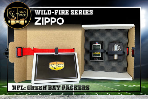 Custom Engraved Groomsmen Gift with NFL Windproof Zippo Lighter, a Fluid Canister and Pouch packaged in a Personalized Gift Box with a Message Card.