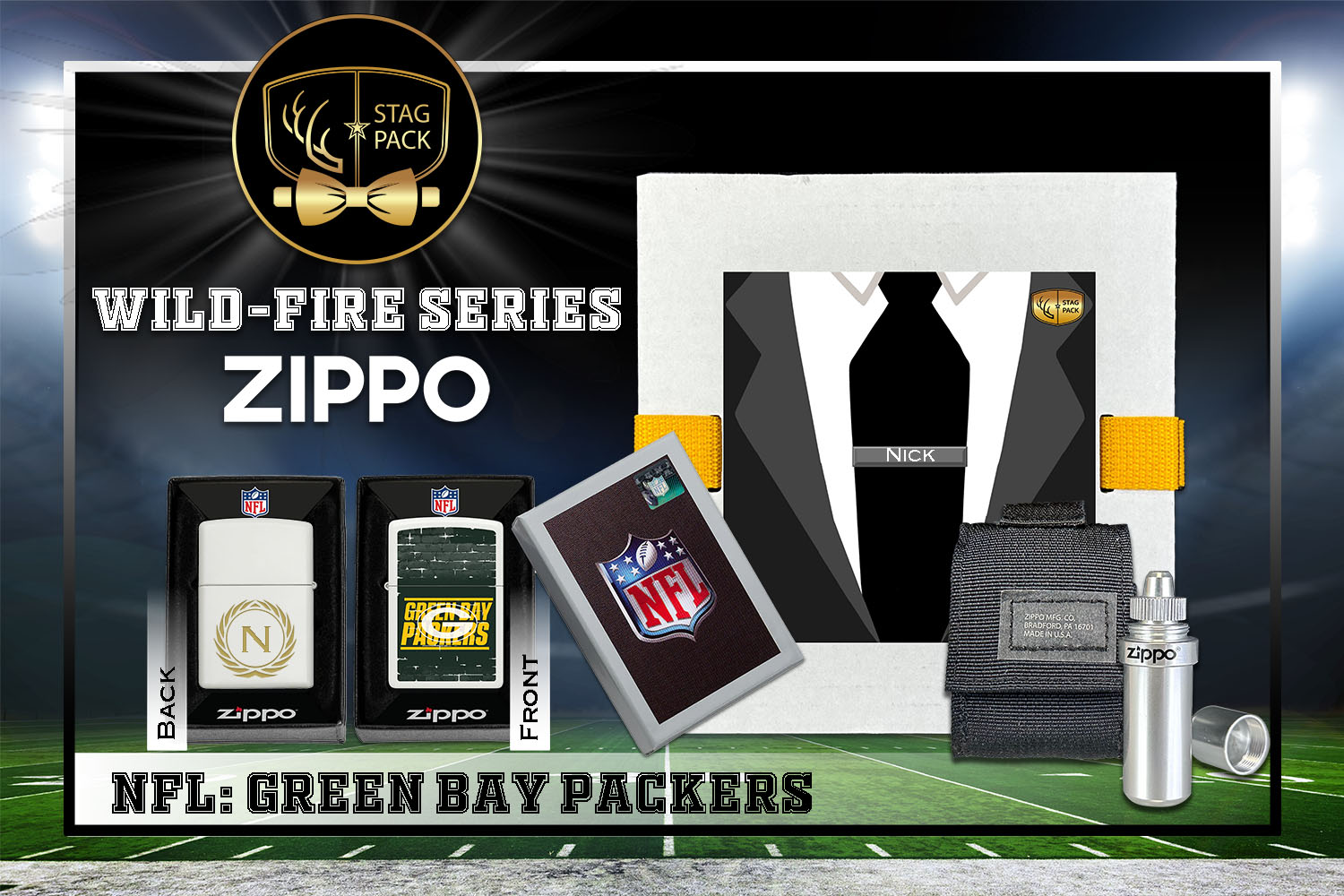 Custom Engraved Groomsmen Gift with NFL Windproof Zippo Lighter, a Fluid Canister and Pouch Gift-Pack in a Personalized Gift Box.