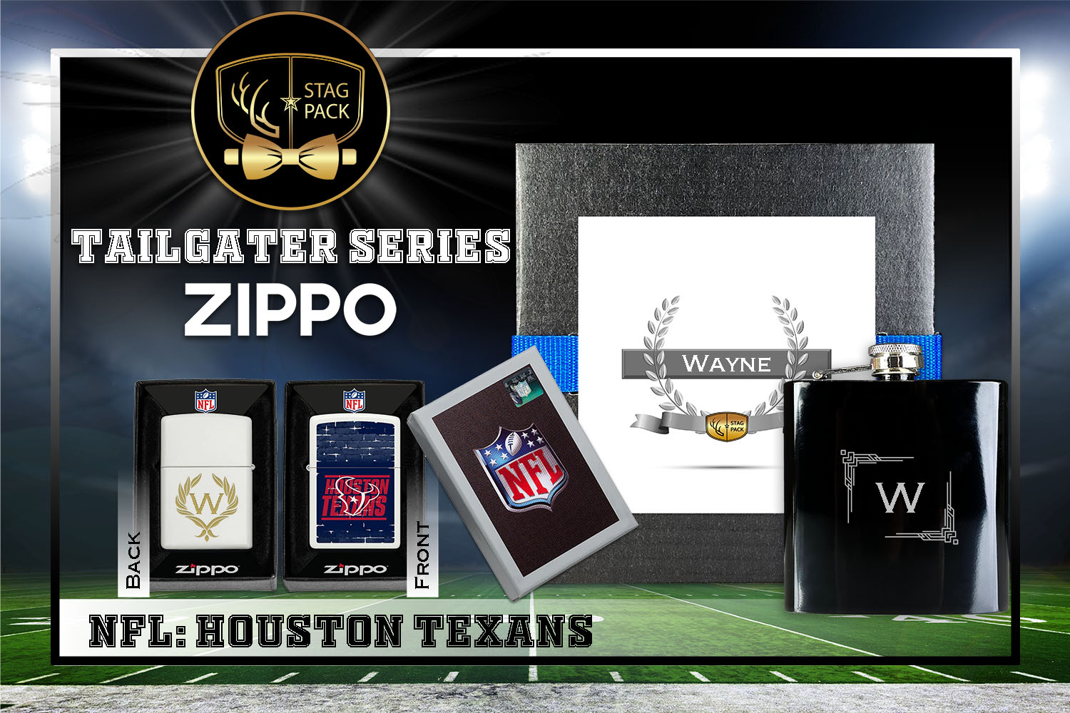 Custom Engraved Groomsmen Gift with Flask & Zippo Windproof Lighter in a Personalized Gift Box.