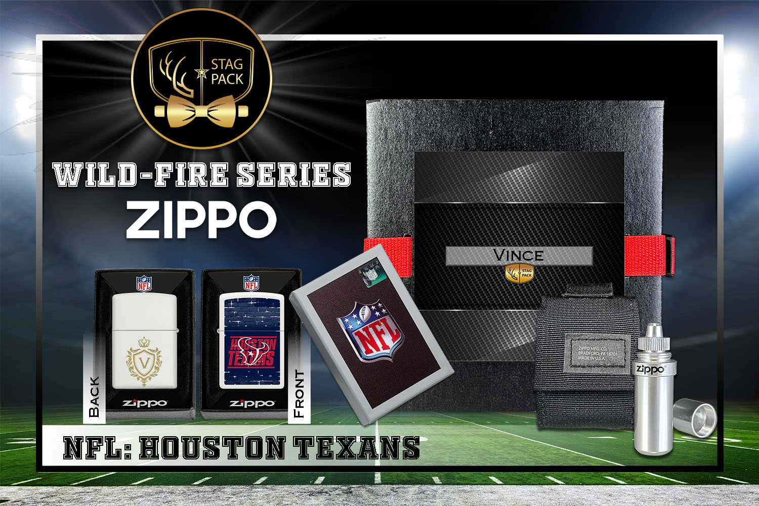 Custom Engraved Groomsmen Gift with NFL Windproof Zippo Lighter, a Fluid Canister and Pouch Gift-Pack in a Personalized Gift Box.