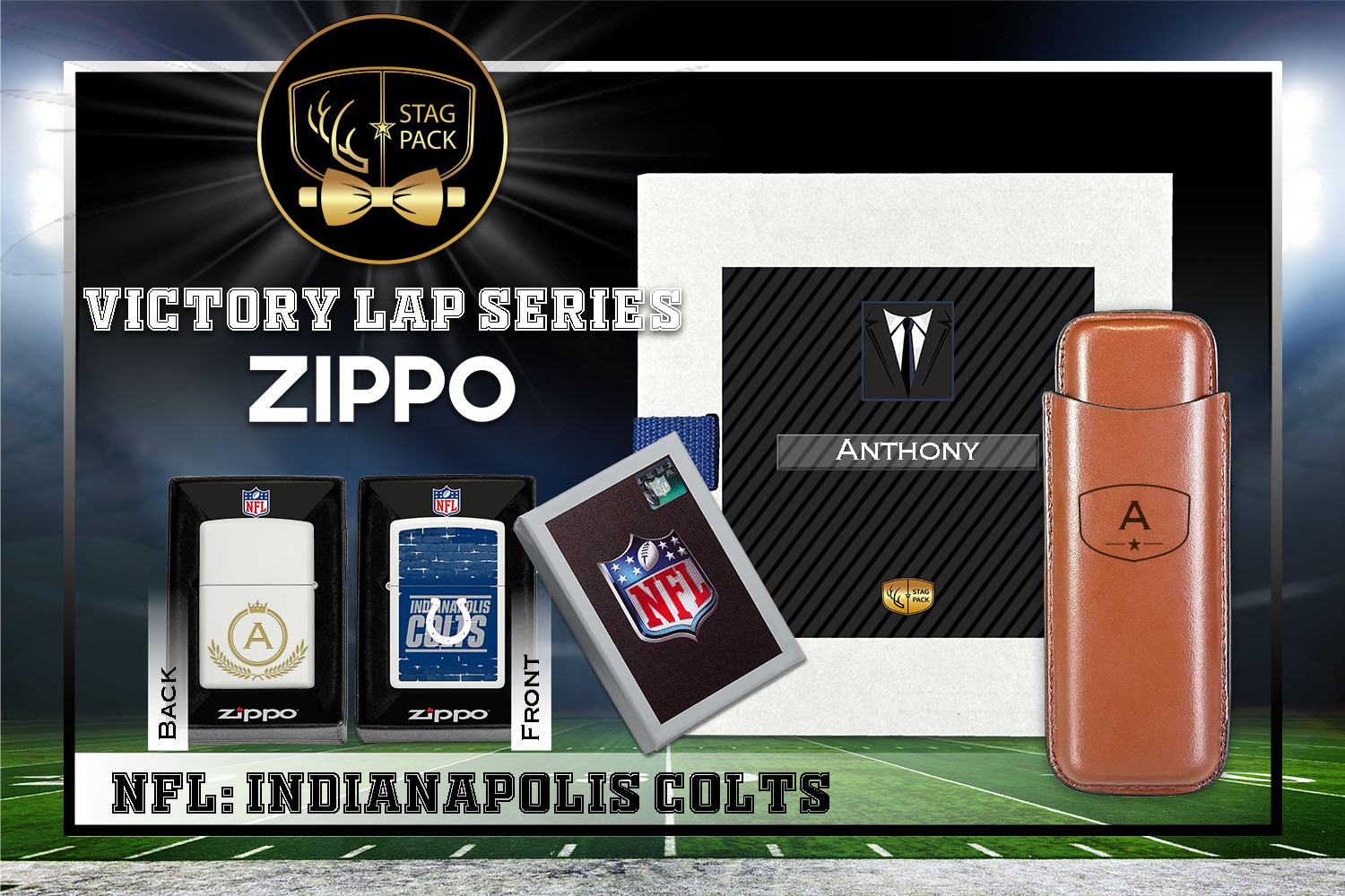 Custom Engraved Groomsmen Gift with Dual Sleeve Leather Cigar Case & Zippo Windproof Lighter in a Personalized Gift Box.