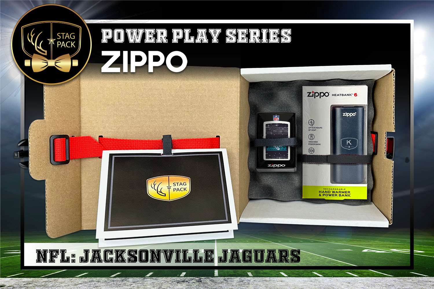 Custom Engraved Groomsmen Gift with NFL Zippo Windproof lighter & Heatbank in a Personalized Gift Box with a Message Card.