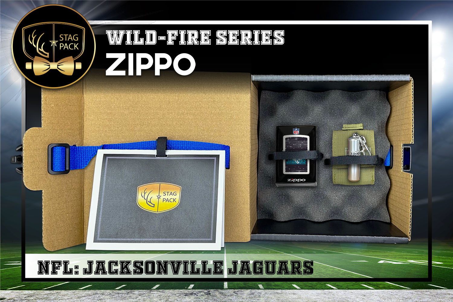 Custom Engraved Groomsmen Gift with NFL Windproof Zippo Lighter, a Fluid Canister and Pouch packaged in a Personalized Gift Box with a Message Card.