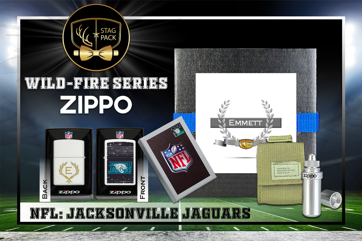 Custom Engraved Groomsmen Gift with NFL Windproof Zippo Lighter, a Fluid Canister and Pouch Gift-Pack in a Personalized Gift Box.