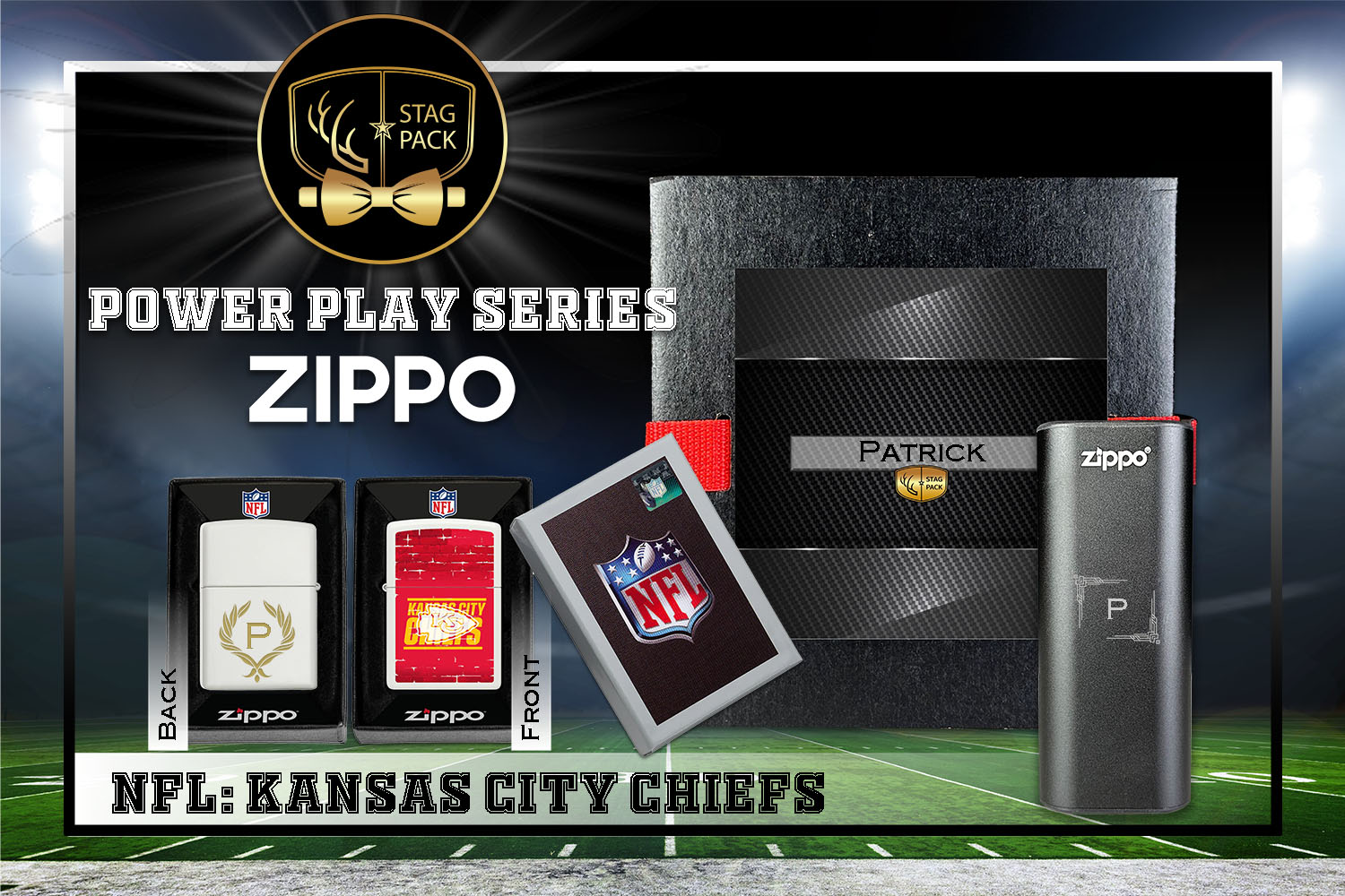 Custom Engraved Groomsmen Gift with NFL Zippo Windproof Lighter& Heatbank in a Personalized Gift Box.