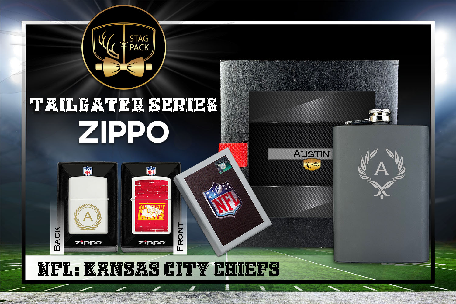 Custom Engraved Groomsmen Gift with Flask & Zippo Windproof Lighter in a Personalized Gift Box.